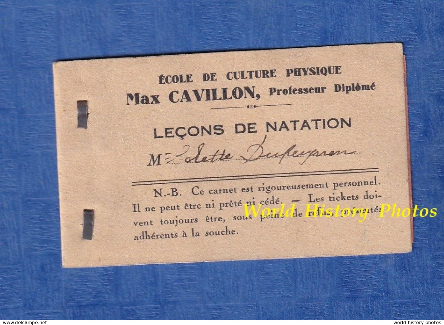 Carnet De Ticket Ancien - PARIS ? - Ecole De Culture Physique - Max CAVILLON Professeur Leçon De Natation - Bon - Sport - Tickets - Vouchers