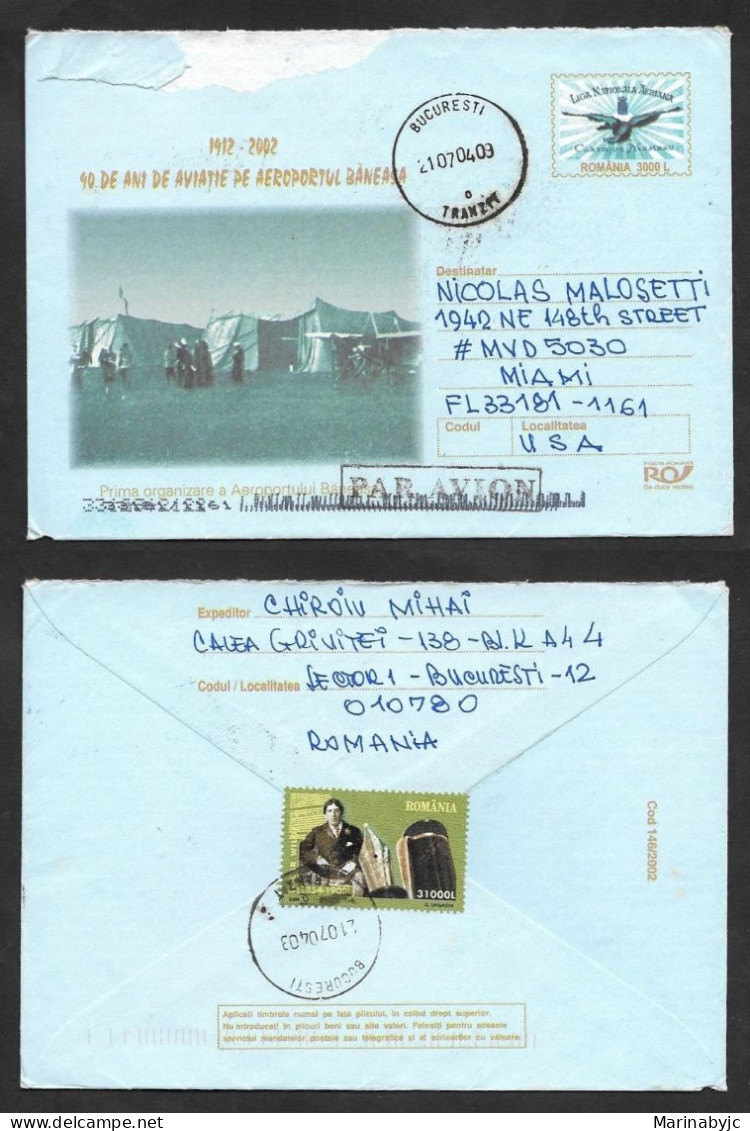 SE)2004 ROMANIA, 90TH YEARS OF AVIATION, AIRPORT, STAMP ON THE BACK OSCAR WILDE, 1854-1900 - WRITER, COVER CIRCULATED TO - Gebraucht