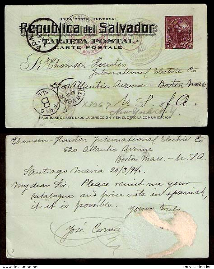 SALVADOR, EL. 1894. Santiago Maria - USA. 3c Stat Card. VF. Postmark / Overseas Usage. - Salvador