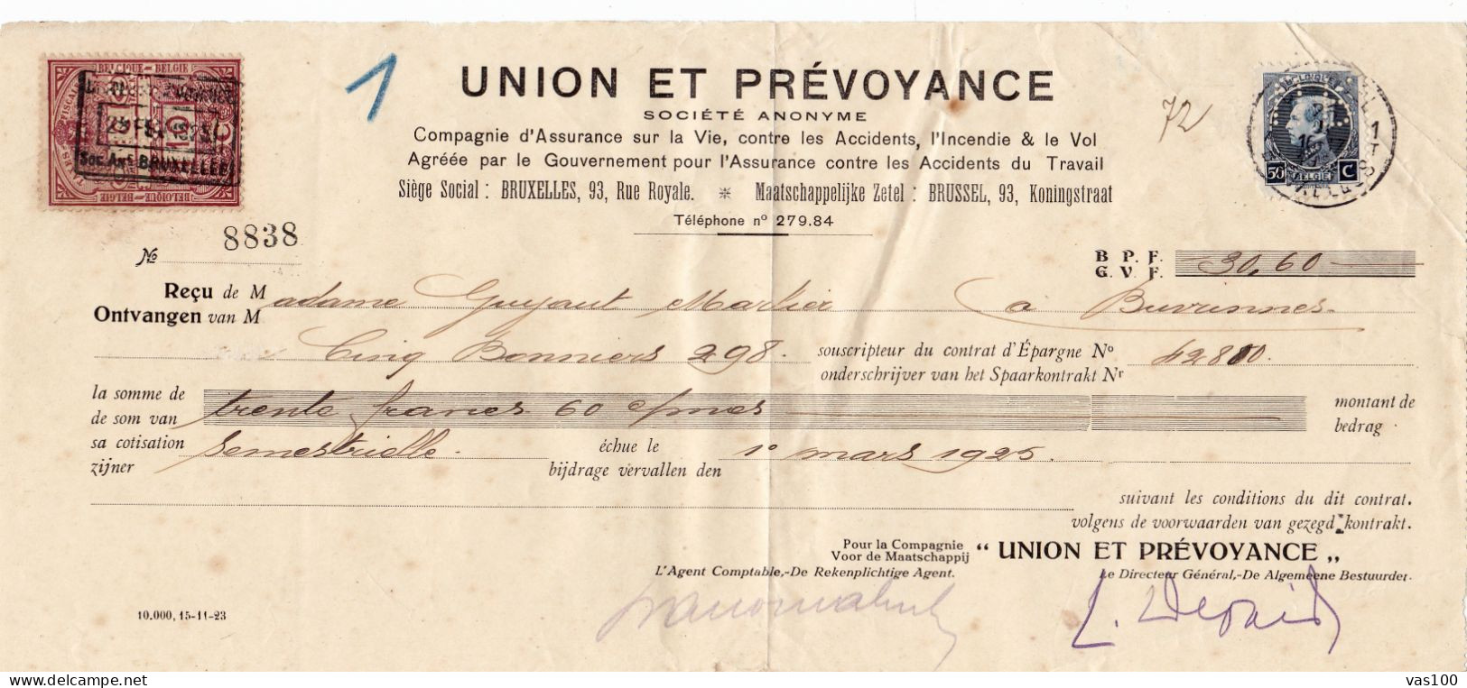 UNION ET PREVOYANCE SOCIETE ANONYME 2 STAMPS PERFINS,PERFORE 1924 BELGIUM - 1909-34