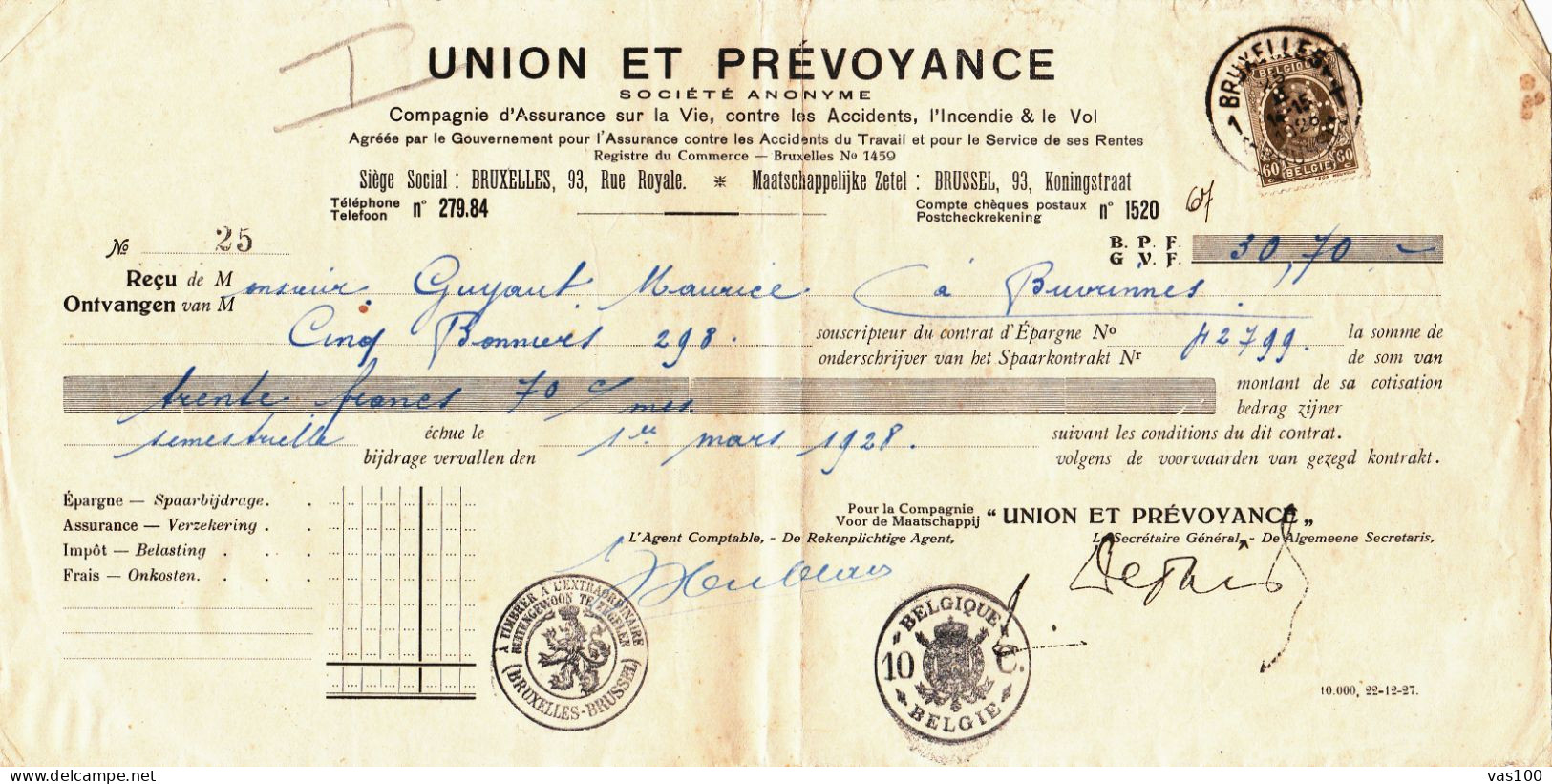 UNION ET PREVOYANCE SOCIETE ANONYME , STAMPS PERFINS,PERFORE 1928 BELGIUM - 1909-34