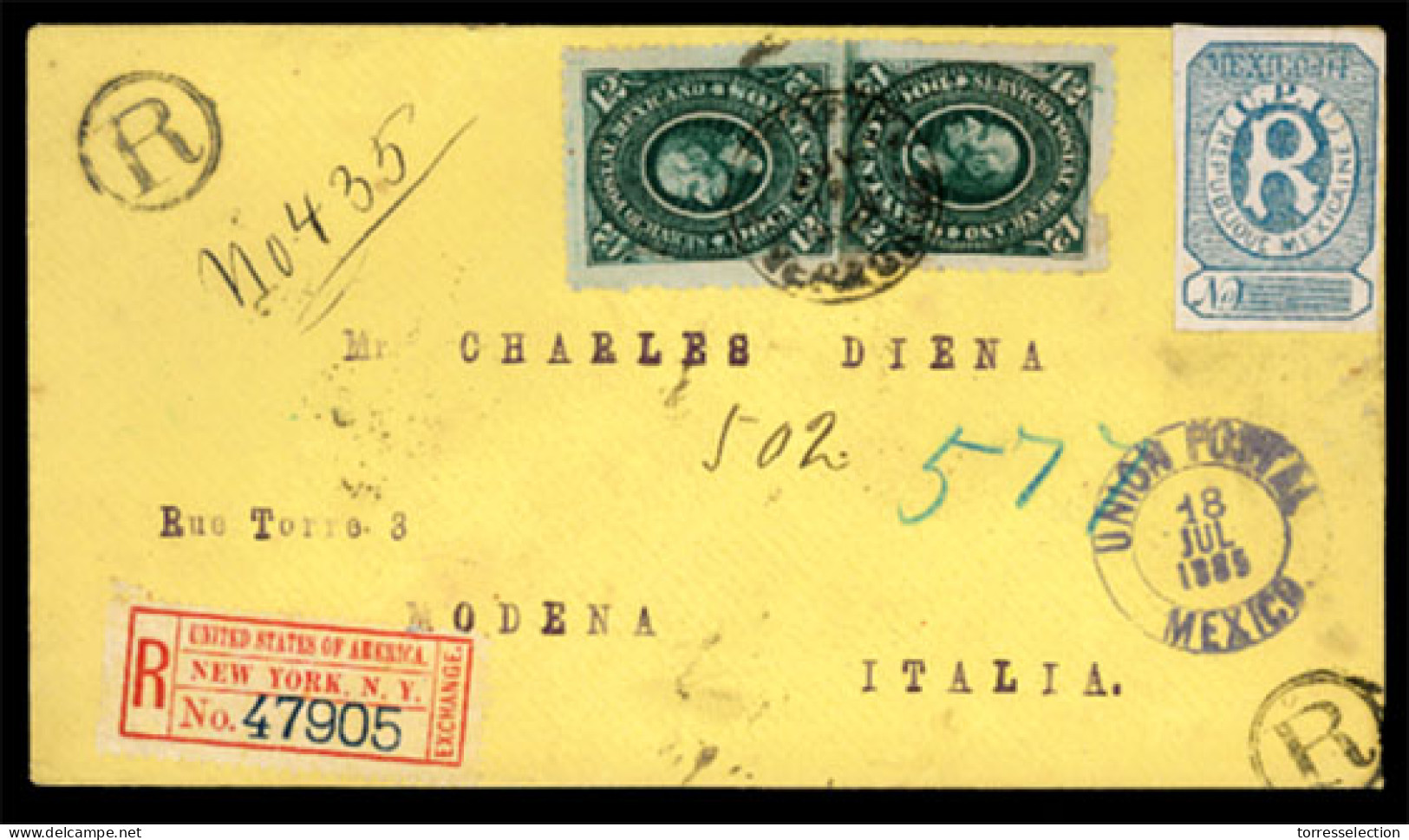 MEXICO. 1885(July 18th). Registered Cover To Modena, Italy Franked By 1884 2x12c Deep Green Tied By Vera Cruz Cds. Blue  - México