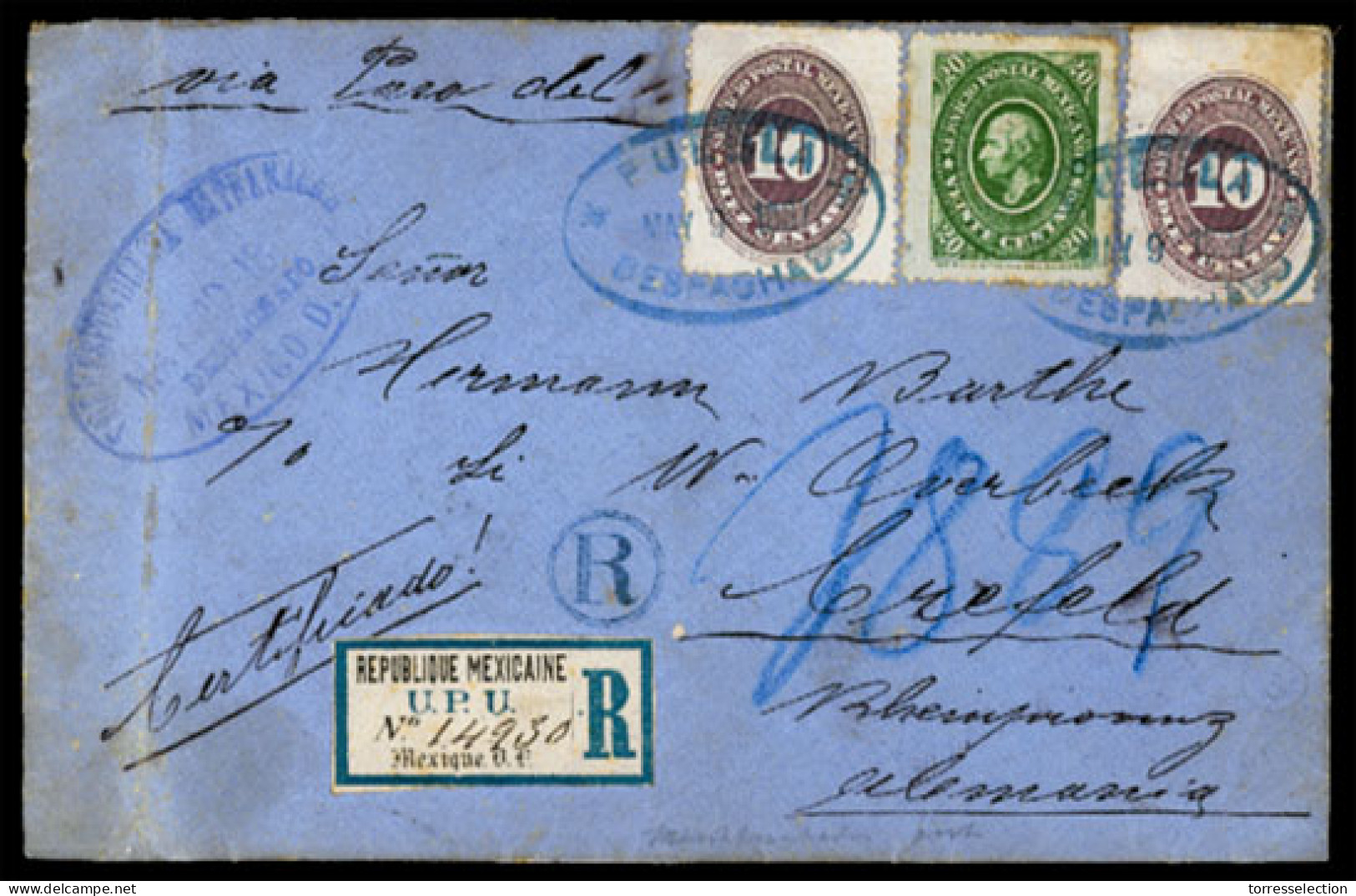 MEXICO. 1887(May 9th). Registered Cover From Puebla Via Paso Del Norte To Crefeld, Germany Franked By 1884 20c Green And - México