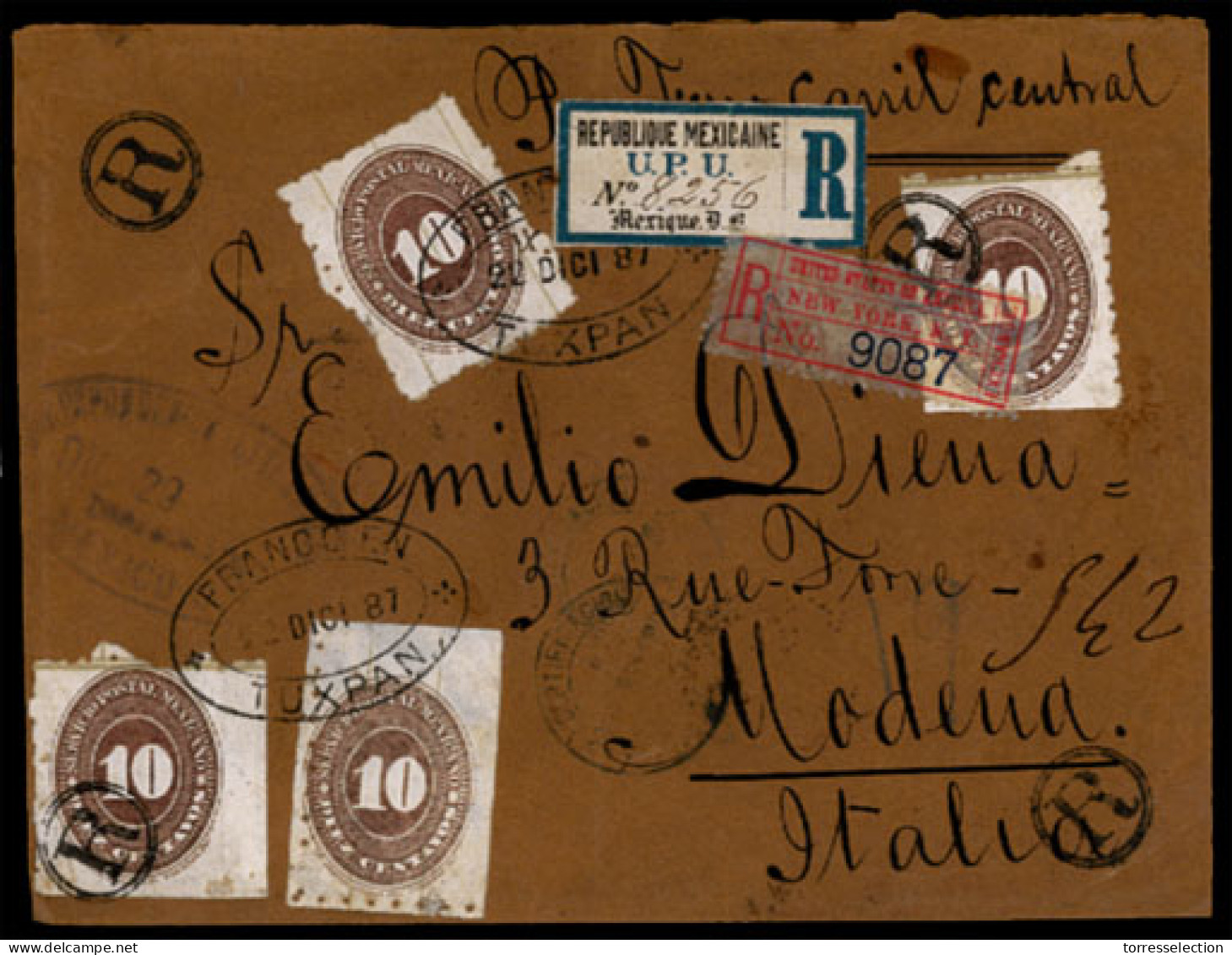 MEXICO. 1887(Dec 22nd). Registered Cover To Modena, Italy Franked By 1887 Perf 6 4x10c Brown Lilac Tied By TUXPAN Oval D - México