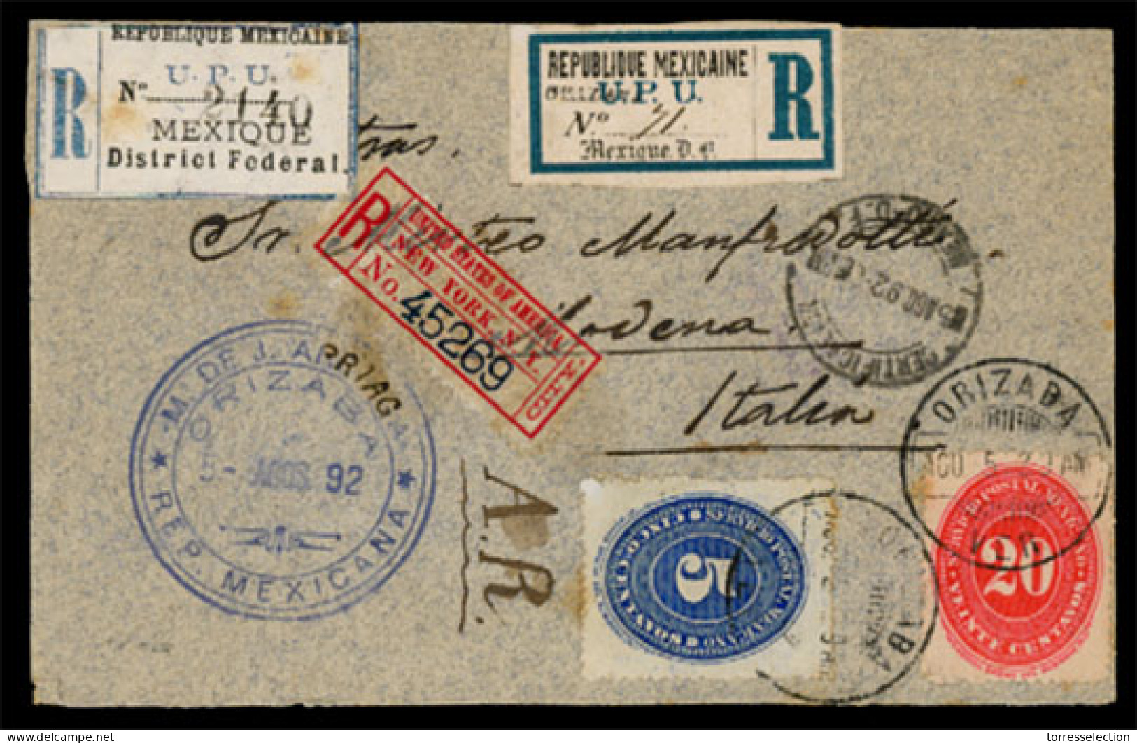 MEXICO. 1892(Aug 5th). Registered Cover To Italy Franked By Numeral Issue 1890 5c Blue And 25c Bright Red Tied By Orizab - México