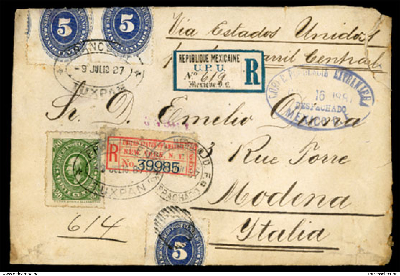 MEXICO. 1887(July 9th). Registered Cover To Modena, Italy Franked By Numeral Issue 3x5c Blue And 1884 Hidalgo 20c Green  - México