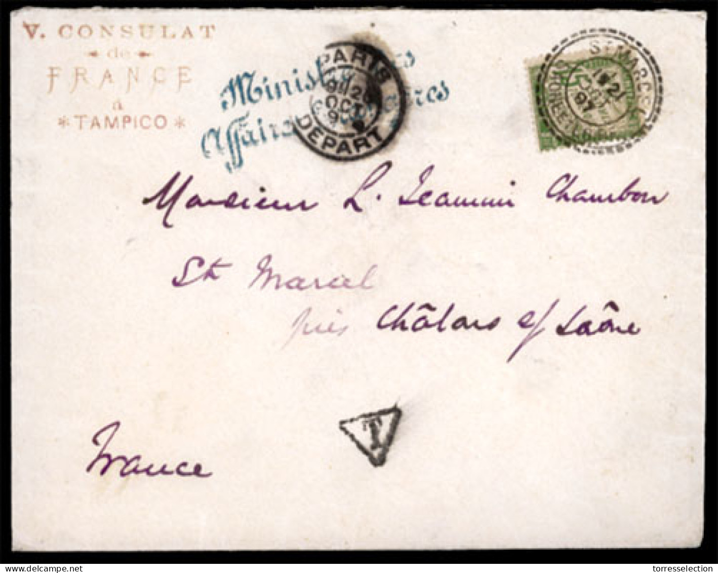 MEXICO. 1897(Oct 21st). Stampless French Consular Cover To Chalons Sur Saone With Red Tampico Vice Consular Cachet At Le - México