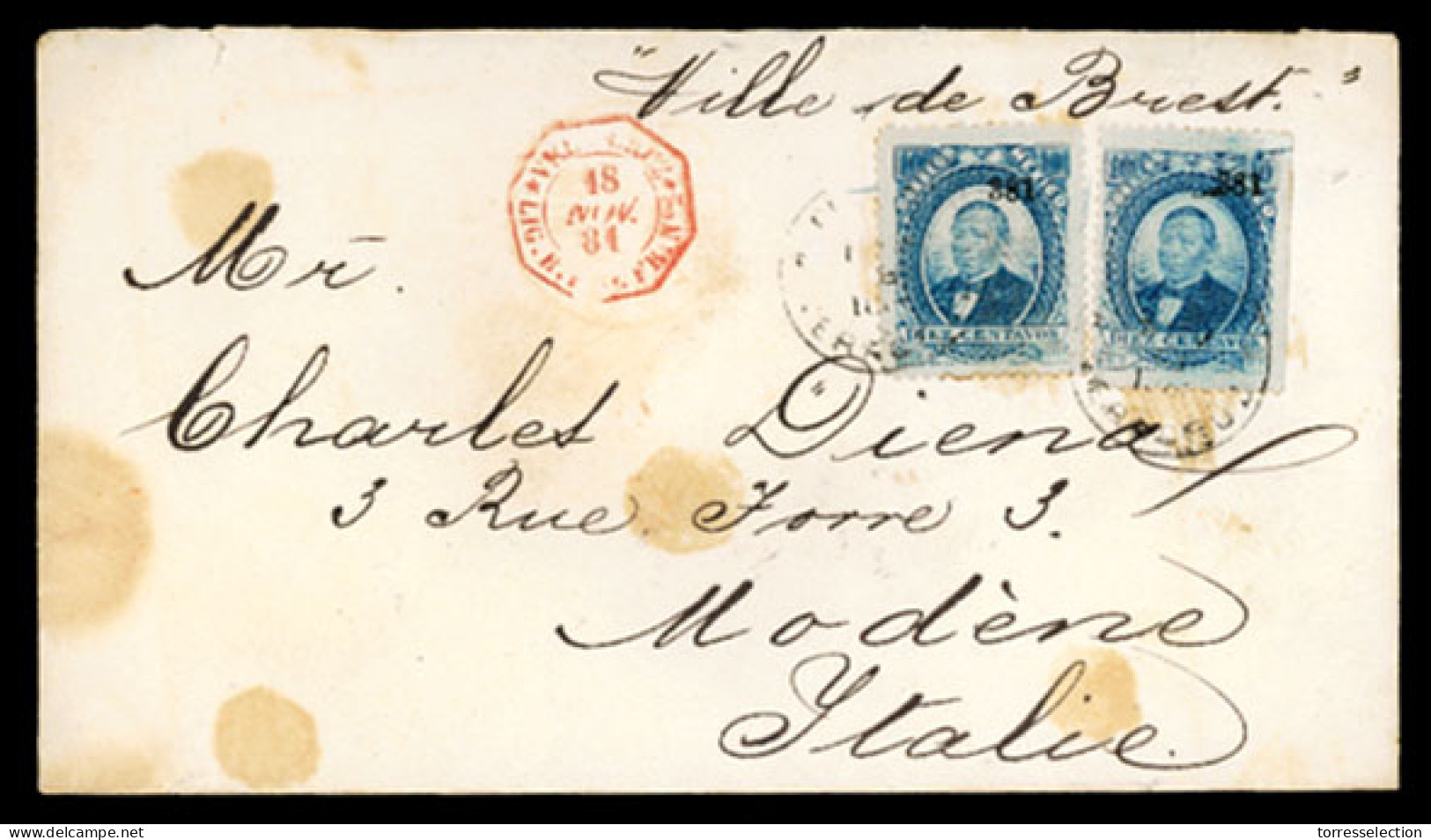 MEXICO. 1881(Nov 18th). Cover To Italy Endorsed ‘Ville De Brest’ Franked By Two Juarez 1879 10c Blue Tied By Vera Cruz C - México