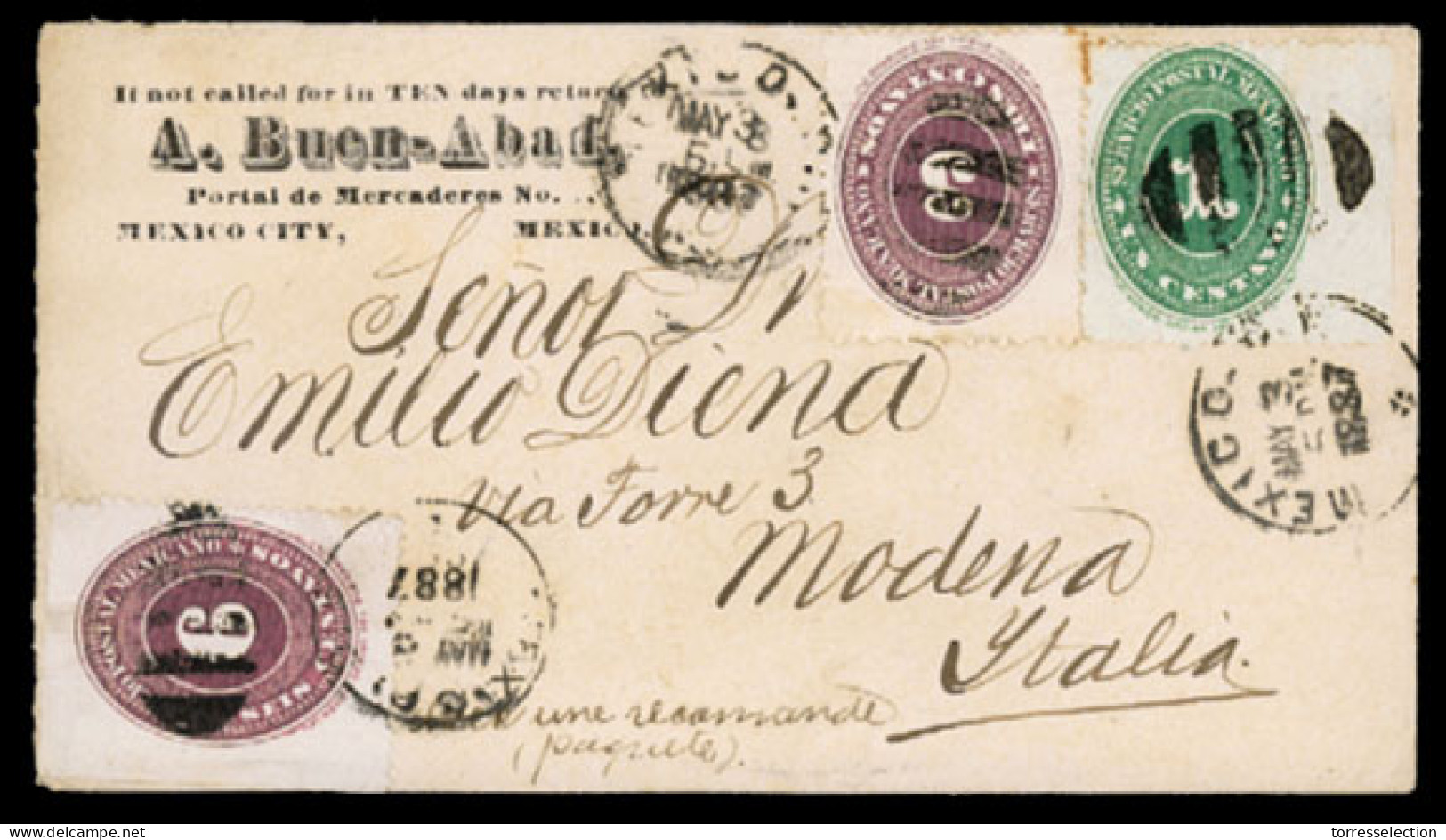 MEXICO. 1887(May 3rd). Advertising Corner Cover To Italy Franked By Unusual Use Of 1885-86 1c Green, 3c Lilac And 6c Lil - México