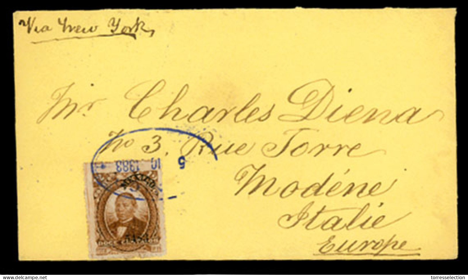 MEXICO. 1883(Dec 5th). Cover From Mexico Via New York To Italy Franked By 1882 Juarez 12c Brown Tied By Oval Blue Datest - México