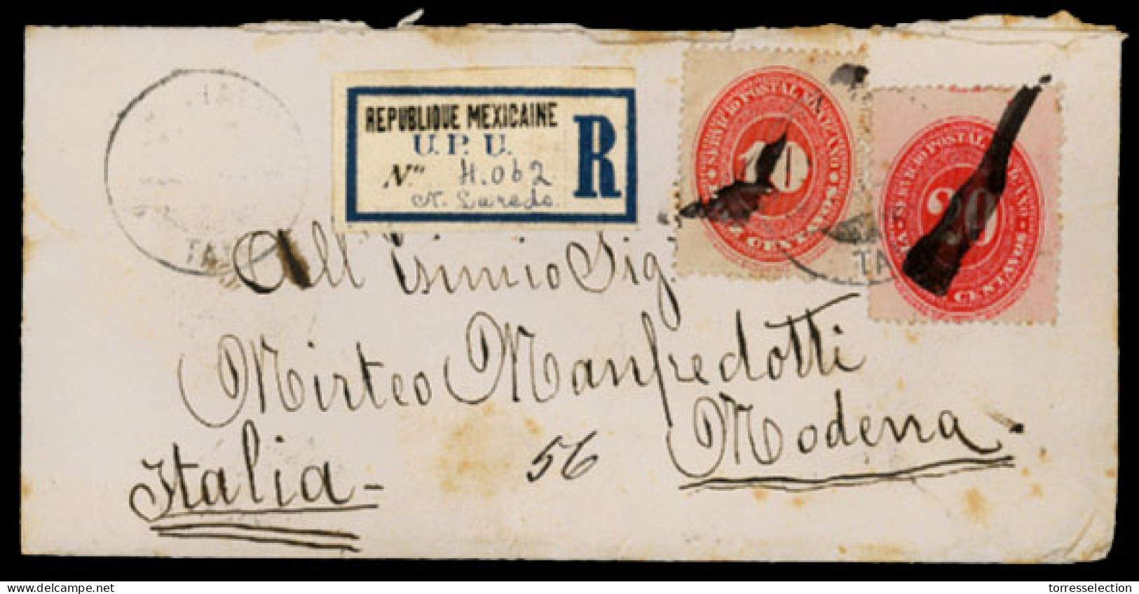 MEXICO. 1892(June). Registered Cover To Italy With Printed ‘Cotton’ Advertisement On Reverse, Franked By 1890 10c And 20 - México