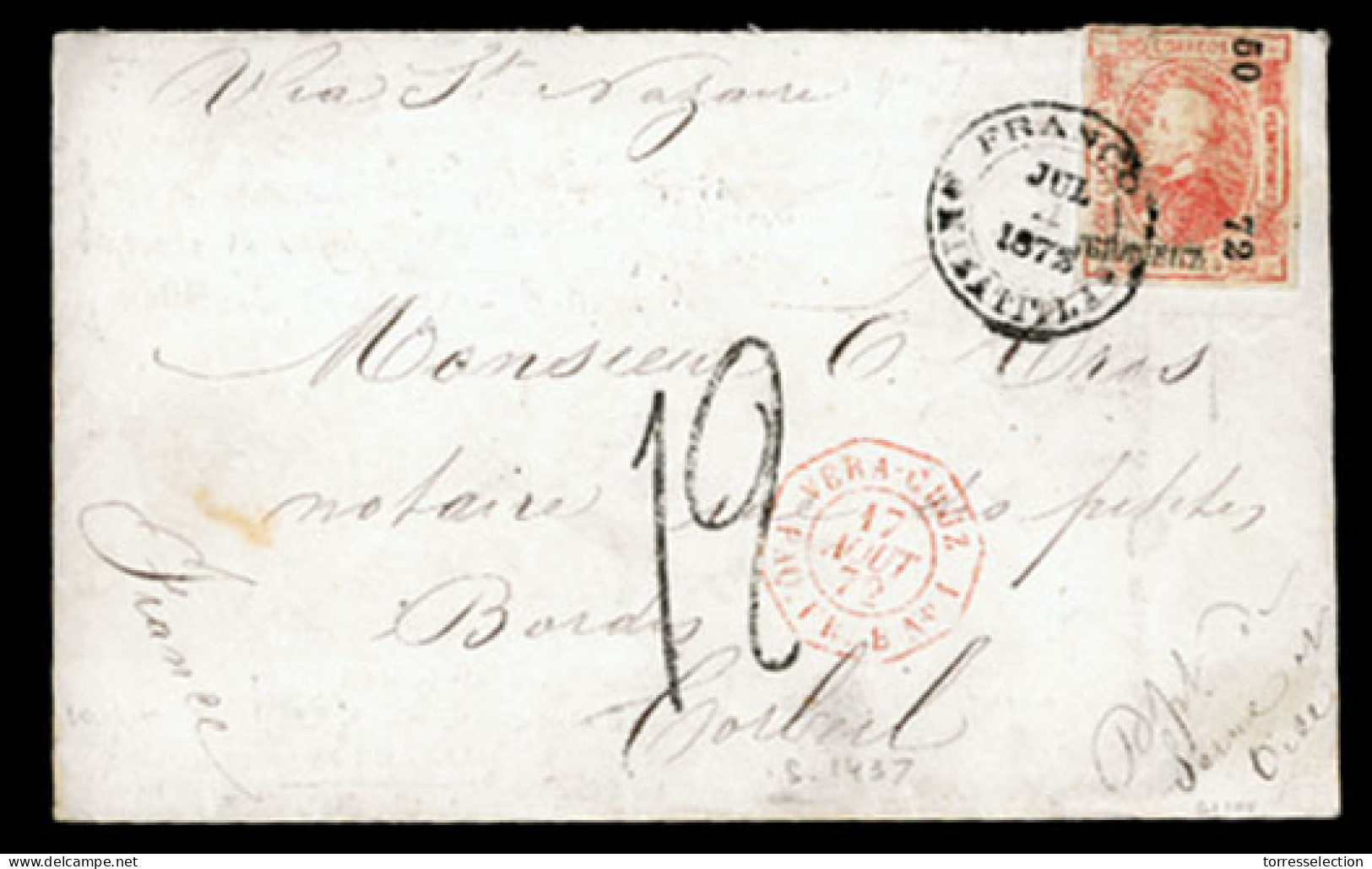 MEXICO. 1872(July 4th). Cover To Bordeaux Franked By Vera Cruz District Imperf 1872 25c Red (50-72) Tied By ‘Franco Mina - México