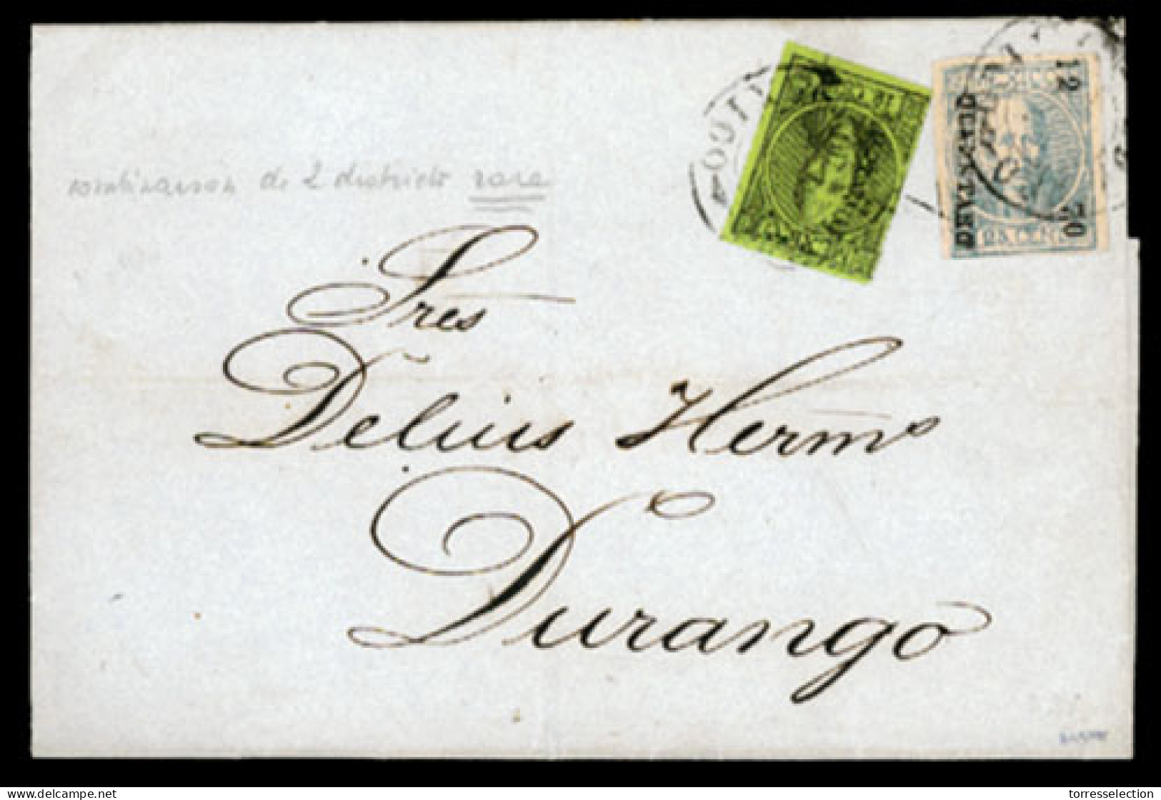 MEXICO. 1870(July 5th). Cover From Mexico City To Durango Franked By Mexico District 1868 12c Black On Green (1-70) And  - México