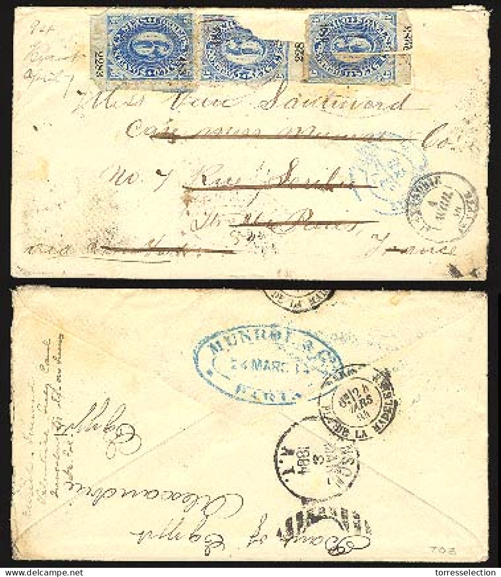 MEXICO. 1884. Sc 148º (3). MEXICO-EGYPT. Huapac To France, Forwarded 6c Deep Blue/2283 And 483 X 3, The Rare Shade, Tied - México