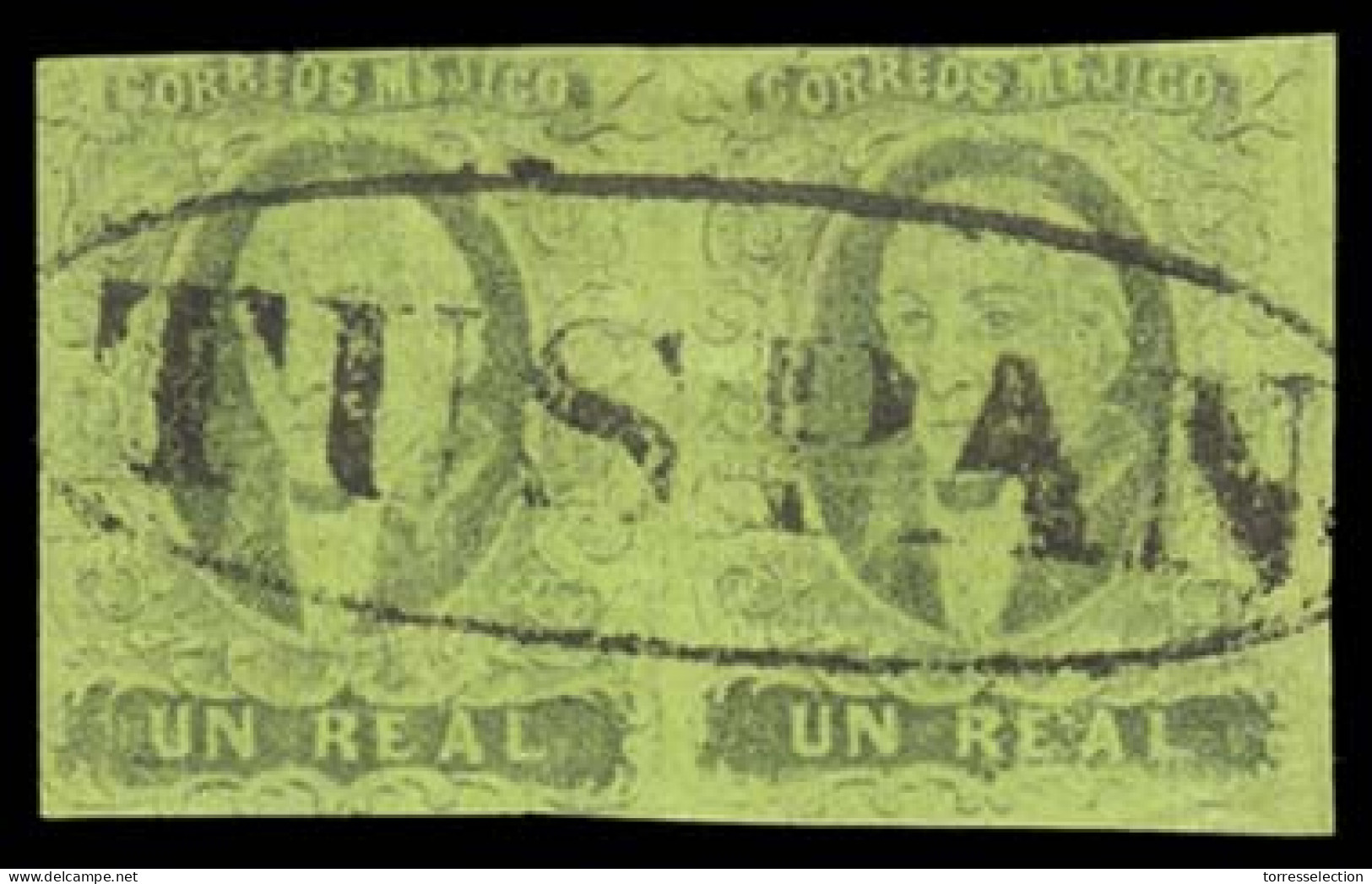 MEXICO. Sc. 7bº. 1861 1rl  Black / Green. Horizontal Pair, No District Name (Tuxpan) With Oval Cancel (xxx), Superb Stri - México