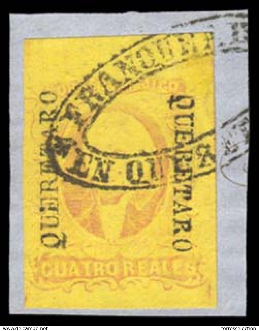 MEXICO. Sc. 10º. 1861 4rs Red / Yellow. Good Margins On Piece. QUERETARO District Name. DOUBLE Strike At Both Sides, Ova - México