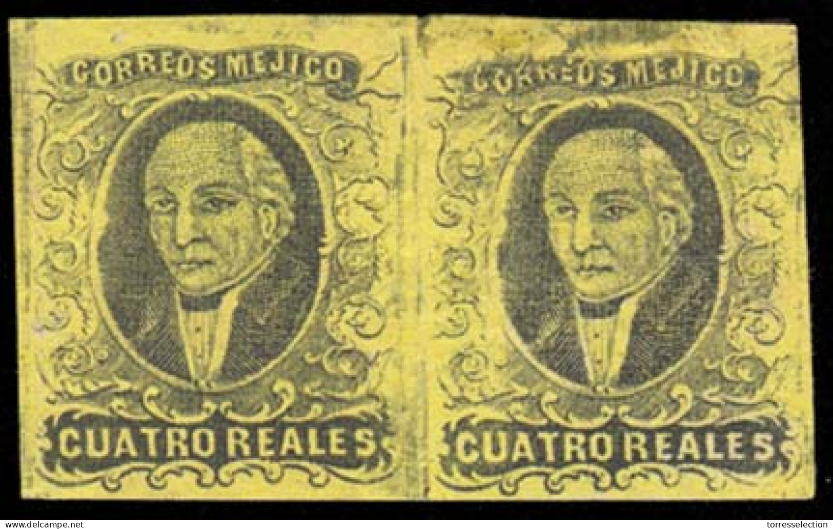 MEXICO. Sc. 9b* (2). 1861 4rs Black / Yellow. Good Margins, Horizontal Mint No Gum Pair. No District Pair. Scarce In Mul - México