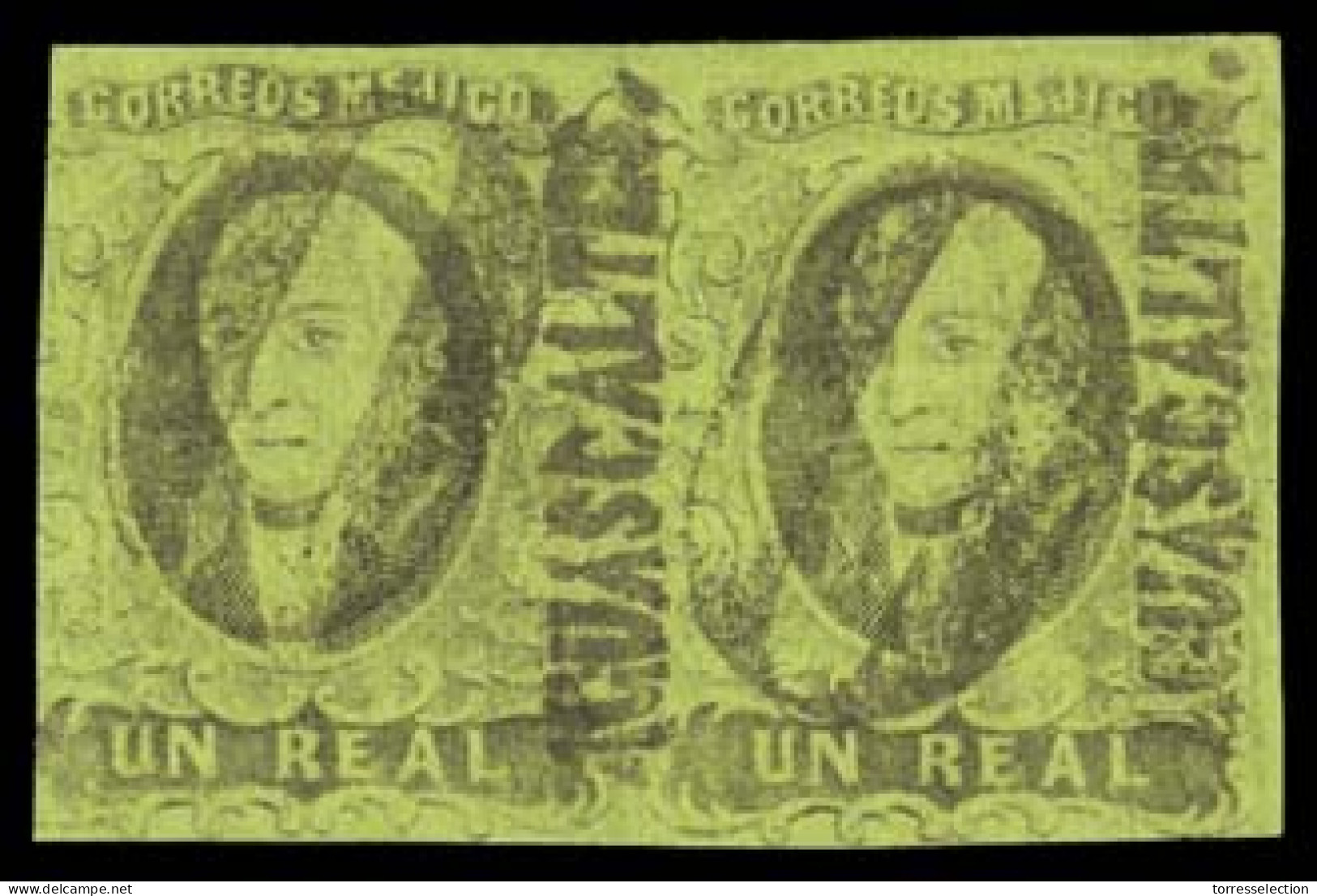 MEXICO. Sc. 7º (2). 1861 1 Rl Black / Green. Horizontal Pair. AGUASCALTES District Name, "O" Cancel. Sch. 12. A Very Rar - México