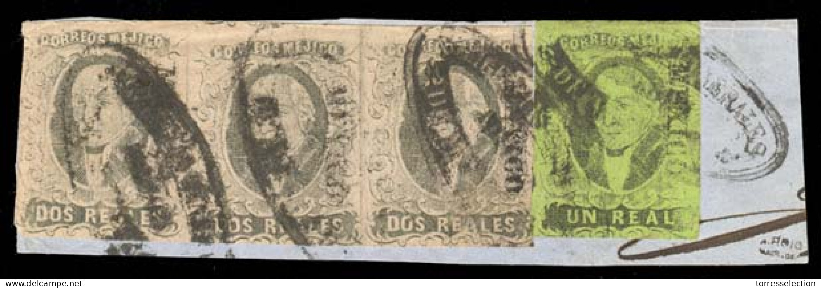 MEXICO. Sc. 7º, 8º (3). 1861 1rl Green And 2rs Black / Pink. Horizontal STRIP OF THREE, All Tied On Piece. Mexico Distri - México