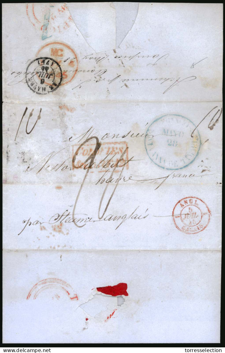 MEXICO - Stampless. 1845. Entire Letter. Zacatecas Fwd.to S.Anna De Tamaulipas. Red BPO + French Transits.  Superb Exhib - México