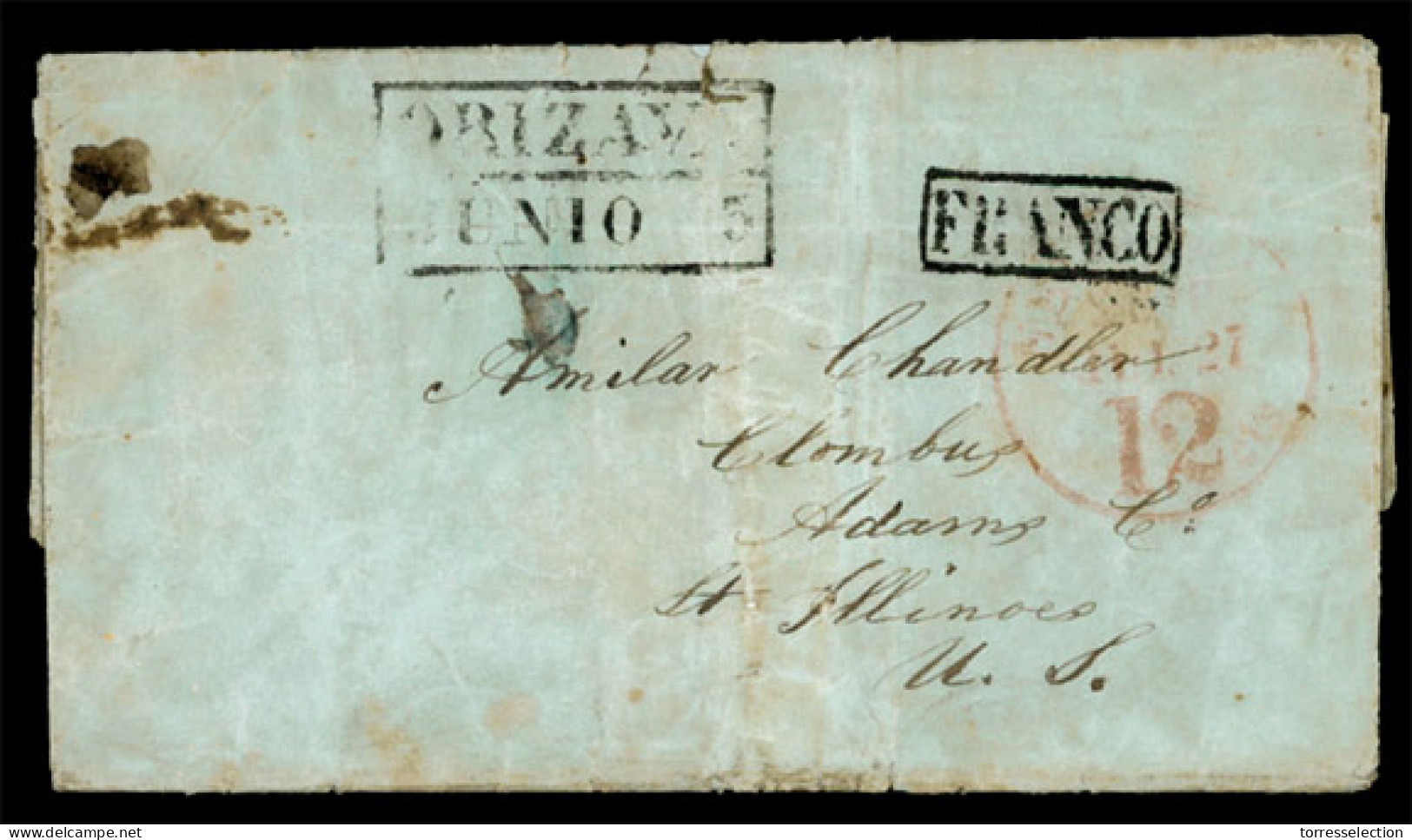 MEXICO - Stampless. 1850. Orizava To USA. "ORIZAVA" (**) And "FRANCO" (***) Black Marks. Via Adams C/Illinois And New Yo - México