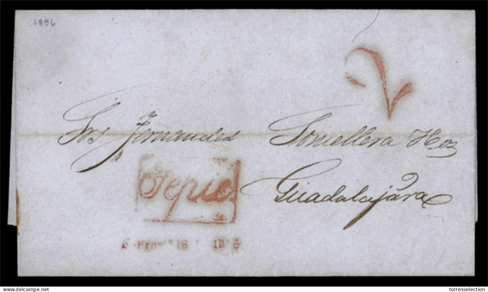 MEXICO - Stampless. 1856. (February). Tepic To Guadalajara.E.L. Red "TEPIC" (**)  And Charge "2". Excellent Prephilateli - México