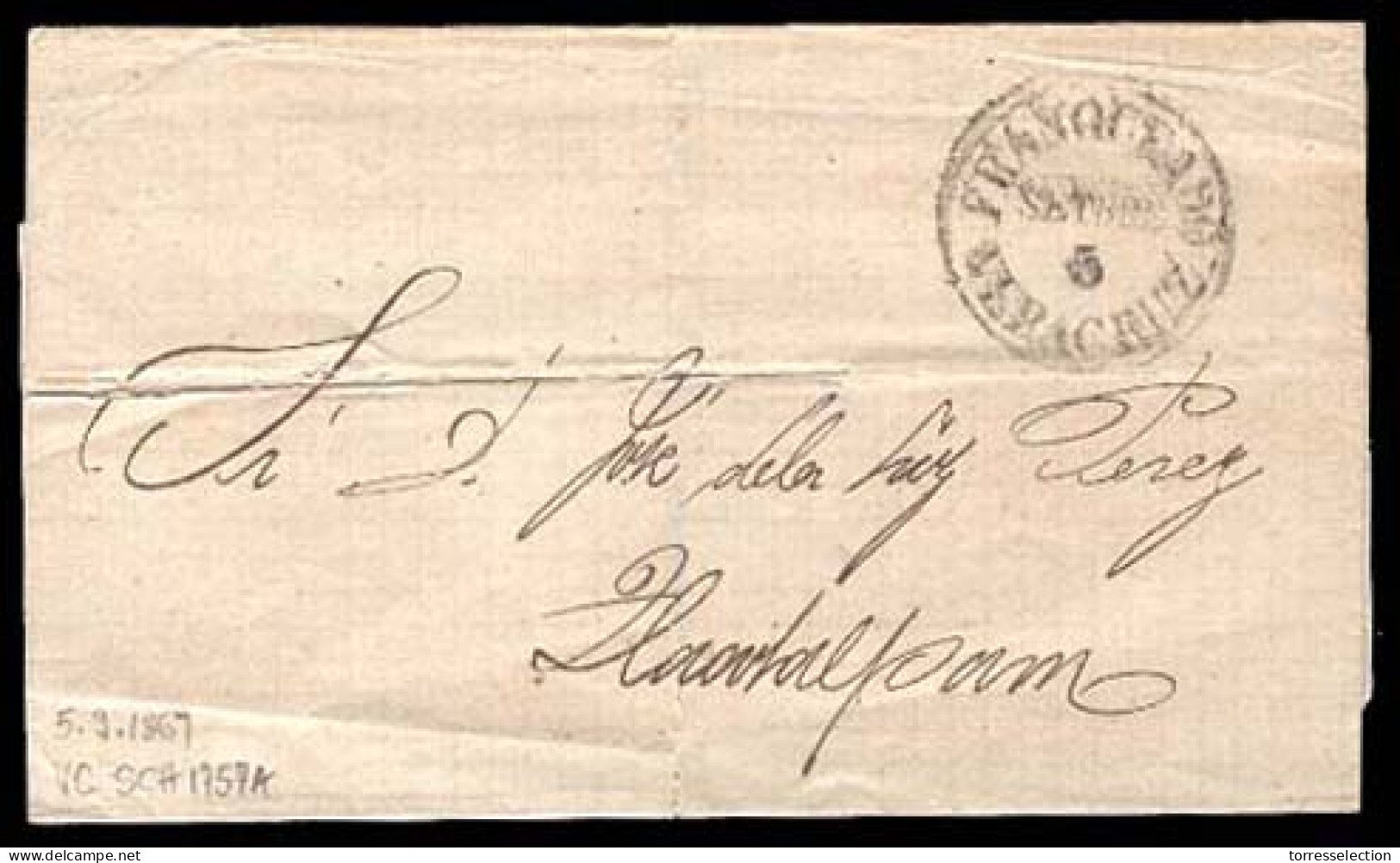 MEXICO - Stampless. 1867 (5 Sept.). Veracruz To Tlacotalpam. PROVISIONAL PERIOD. Stampless E. "Franqueado / Veracruz". C - México