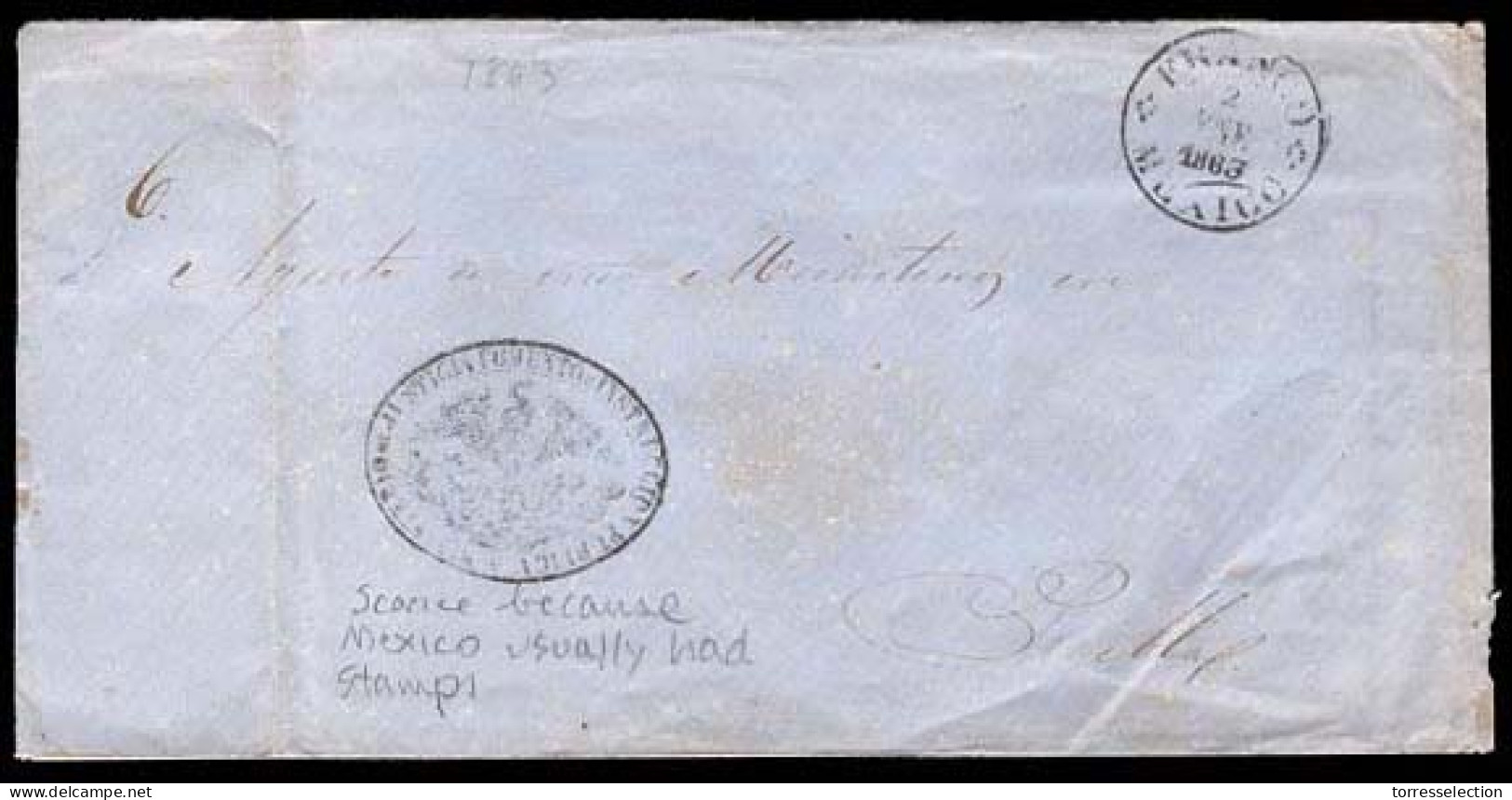 MEXICO - Stampless. 1863 (2 Jan.). Mexico To Puebla. Official Stampless Envelope With Oval "Eagle" Mark + "Franco / Mexi - México