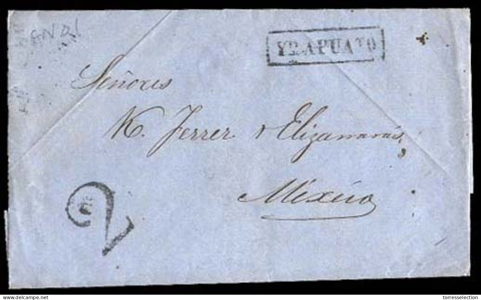 MEXICO - Stampless. 1858 (Oct.). SELLO NEGRO. Yrapuato To Mexico. E. Boxed "YRAPUATO" (xxx). Sch. 494 + "2" Charge. VF.  - México