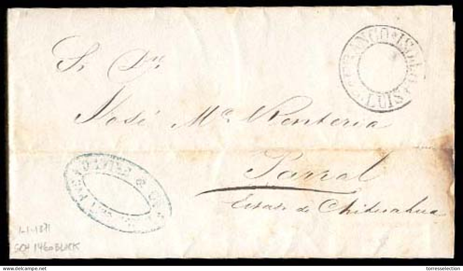 MEXICO - Stampless. 1871 (1 Jan.). Sello Negro. SLP To Parral. Printed Matter With Double Ring SLP (Sch. 1460). Scarce. - México