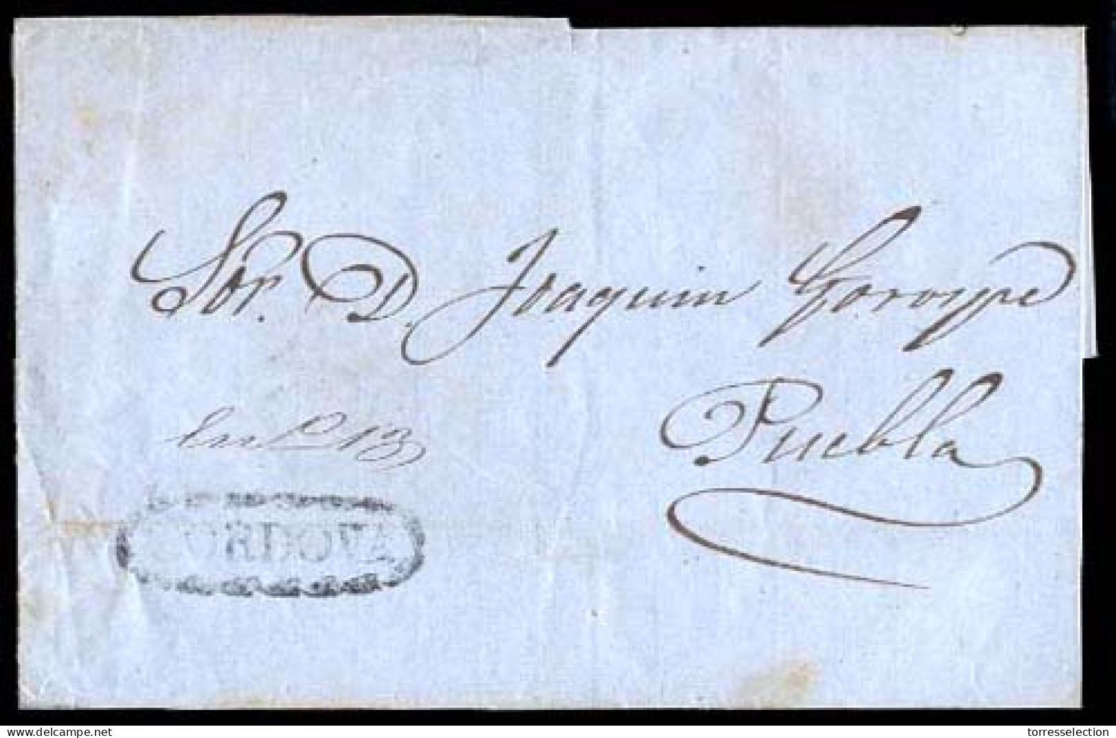 MEXICO - Stampless. C. 1841/56. Cordova To Puebla. Undated E. Fancy Oval CORDOVA (xx) CR2 / Sch. 184 + Manuscript Date ( - México