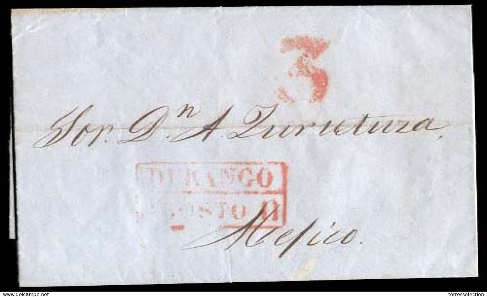 MEXICO - Stampless. 1848 (11 Aug.). Durango To Mejico. EL. Red Box Name + Date + 3. F. (D4). - México