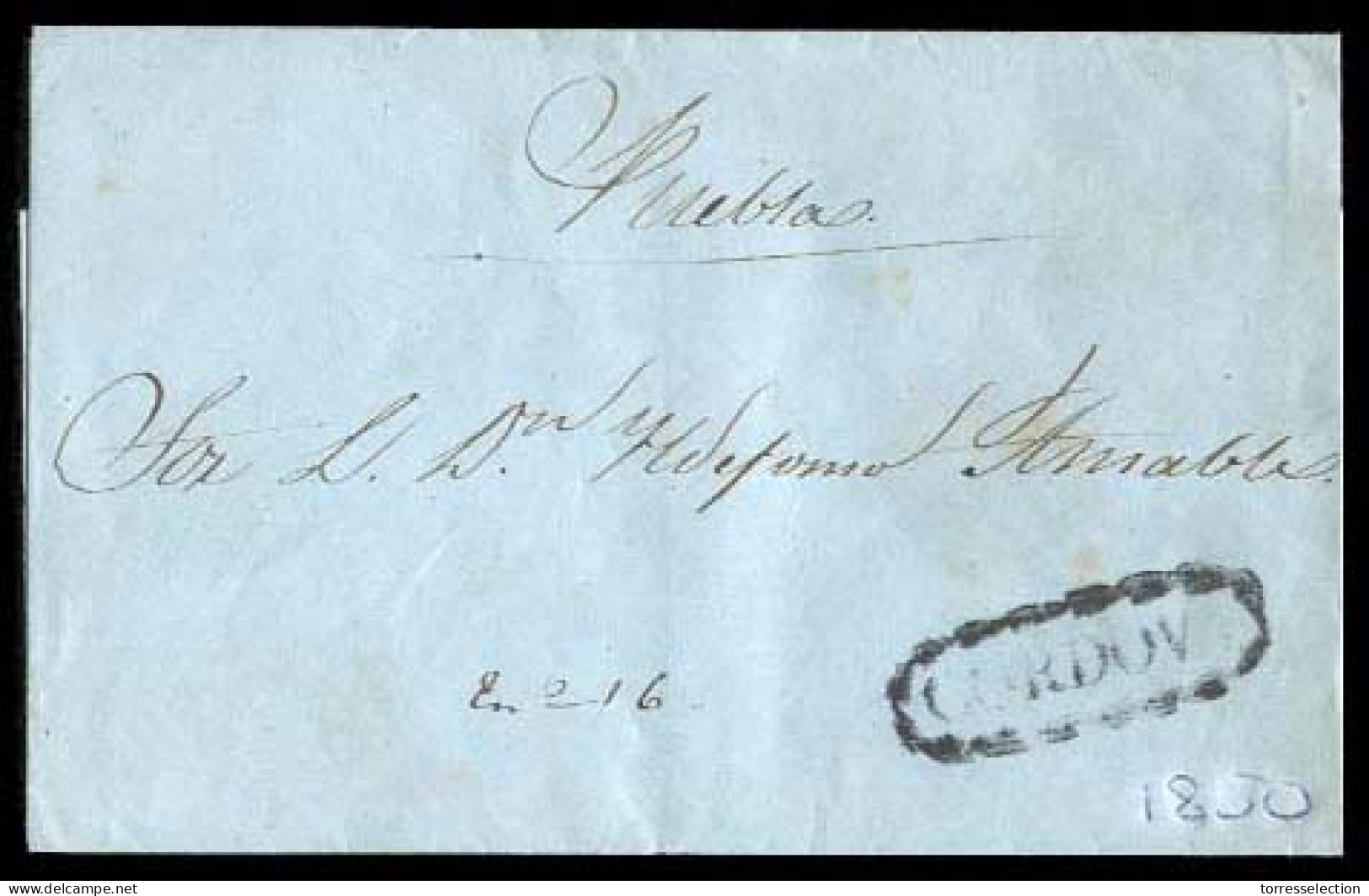 MEXICO - Stampless. C. 1850. Cordova To Puebla. E. Fancy Oval CORDOVA (xx). CR 3 + Manuscript Date. Fine. - México