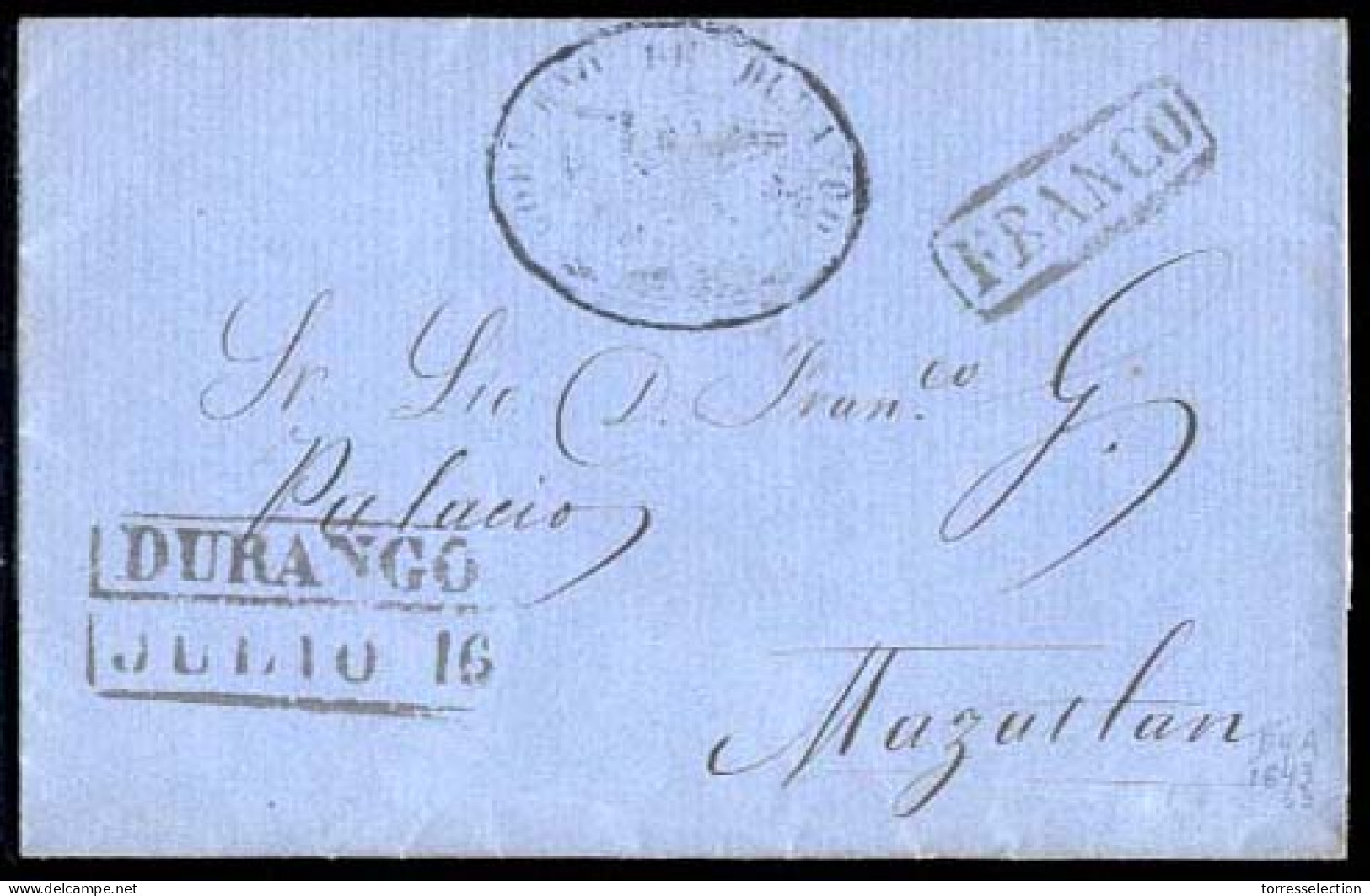 MEXICO - Stampless. C. 1856-64. Durango To Mazatlan. Official Mail. E. Gobierno De Durango With Eagle + Boxed Durango An - México