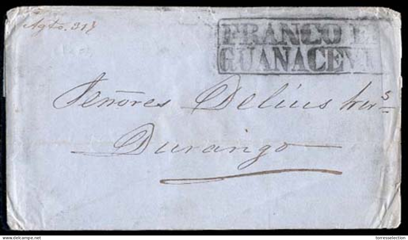 MEXICO - Stampless. 1842 (Aug. 31). Guanacevi To Durango. E. Smashing Box "FRANCO EN / GUANACEVI" (xx/xxx) + Manuscript  - México