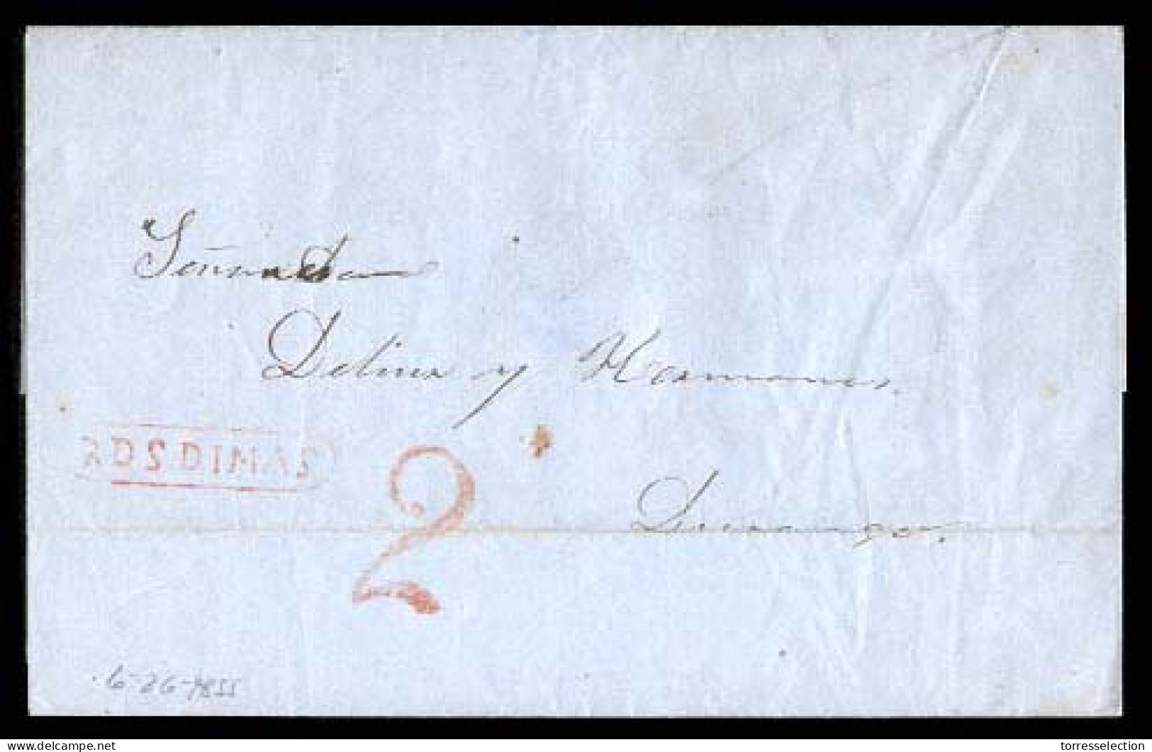 MEXICO - Stampless. 1855 (June 26). San Dimas To Durango. E. Red Box "RDSDIMAS" (xx/xxx) + "2" On Front. D50. VF. - México