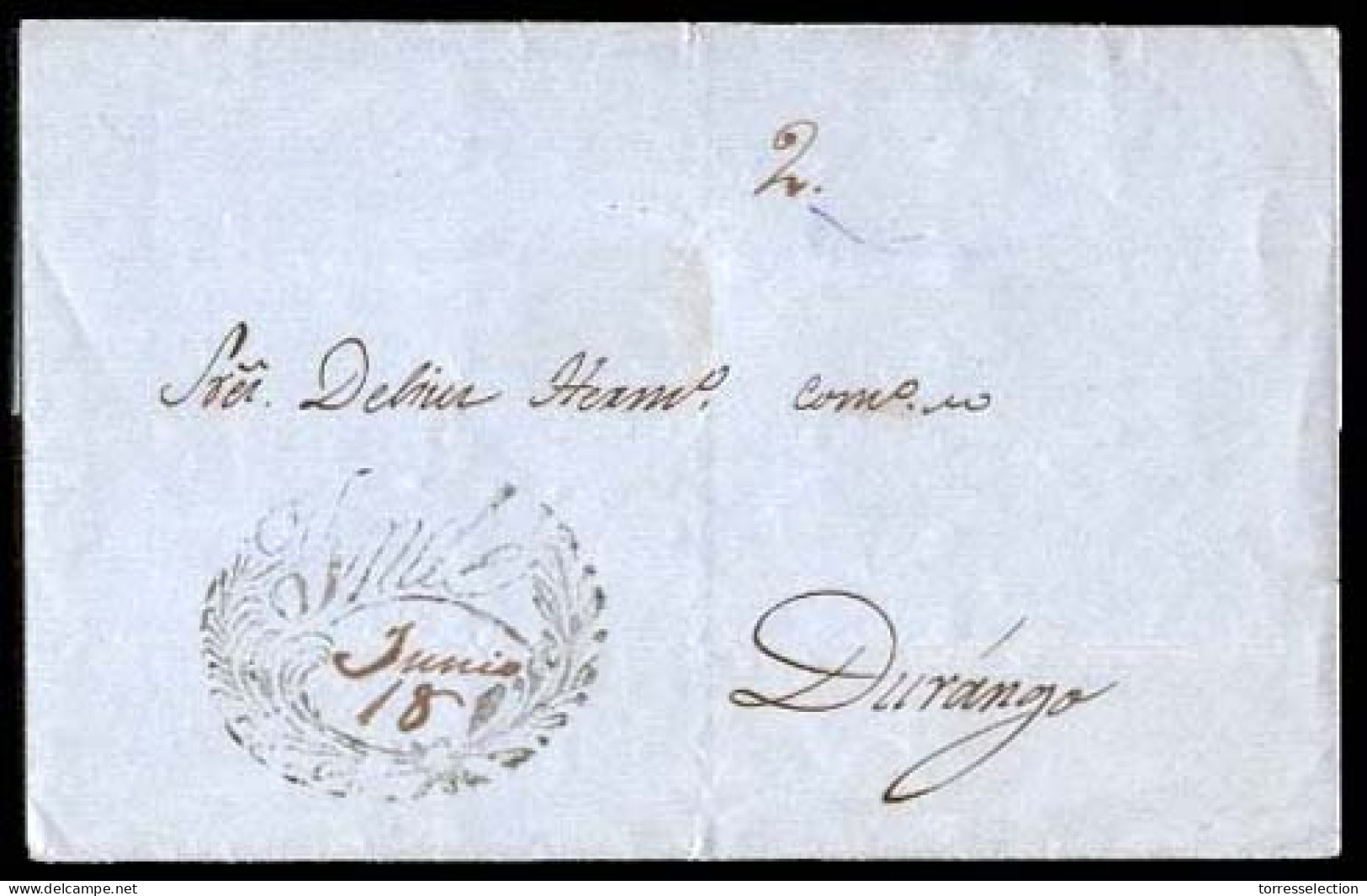 MEXICO - Stampless. 1853 (June 18). Indee To Durango. E. Excellent Fancy Strike "YNDE" + Manuscript June 18 (xxx) + Manu - México