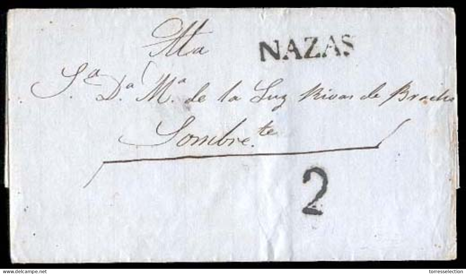 MEXICO - Stampless. C. 1833-56. Nazas To Sombrerete. E. Straightline "NAZAS" (xxx) + "2". GN5. VF. - México