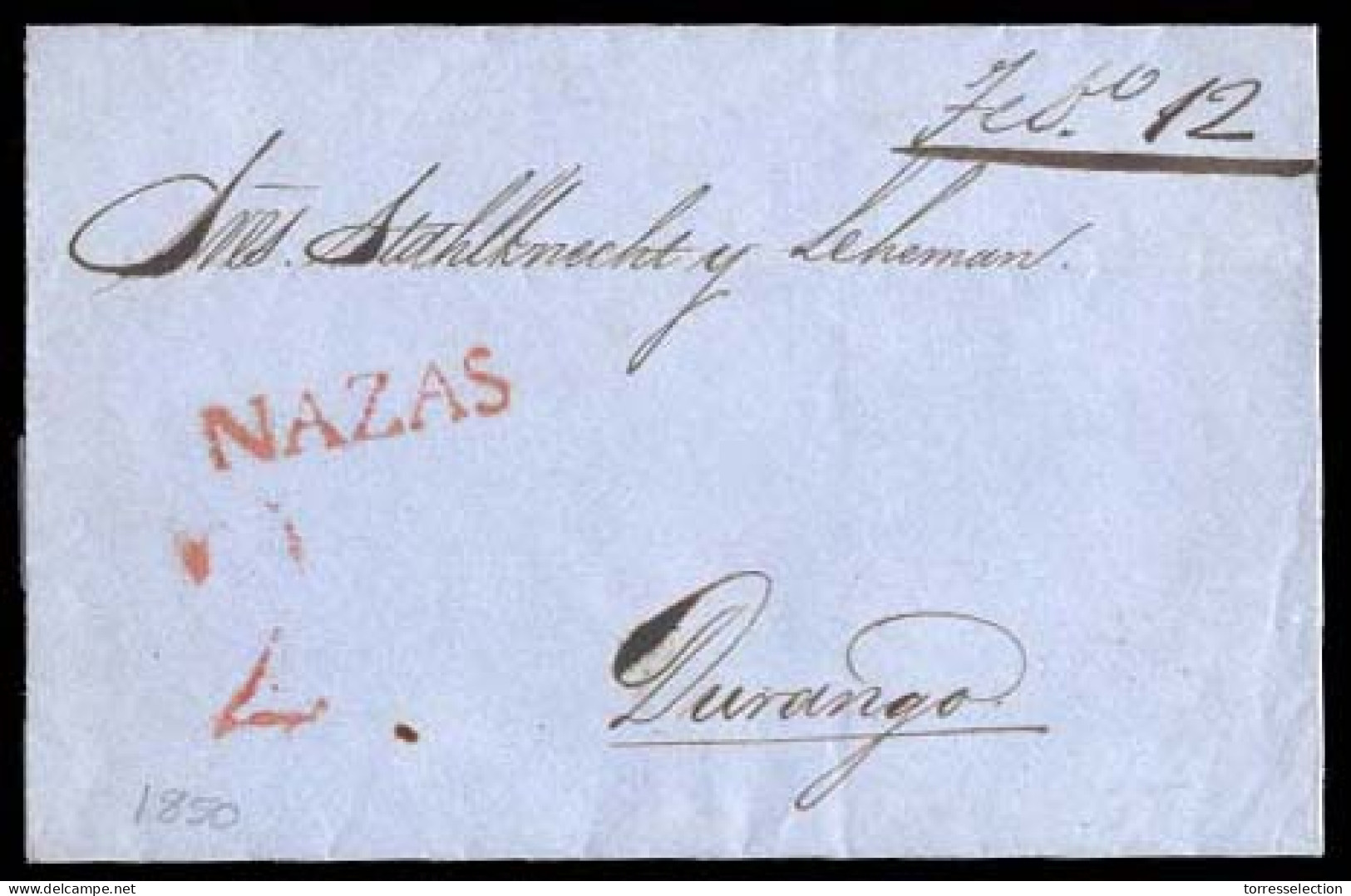 MEXICO - Stampless. 1850 (7 Jan.). Nazas To Durango. E. Red NAZAS + "2" (xxx). VF. - México