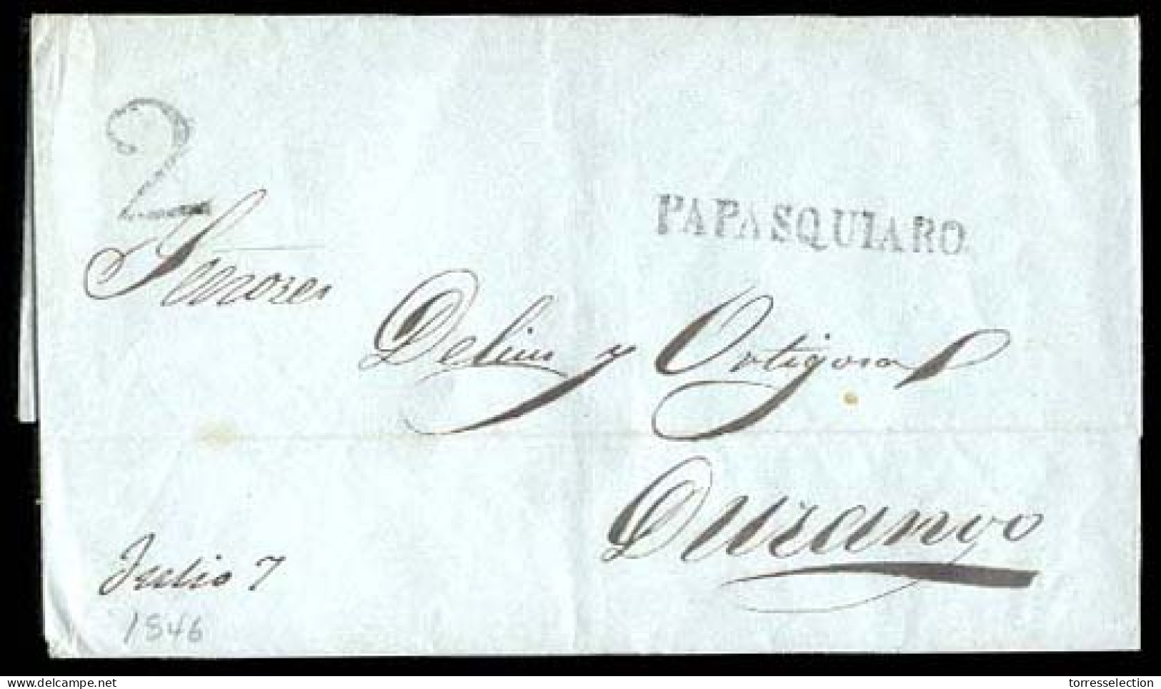 MEXICO - Stampless. 1846 (6 July). Santiago Papasquiaro To Durango. E. Superb Straightline PAPASQUIARO + 2 + Manuscript  - México