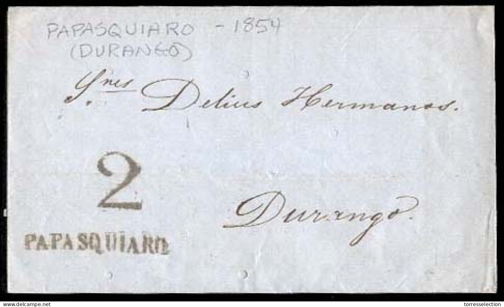 MEXICO - Stampless. 1854 (Sept. 26). Santiago Papasquiaro To Durango. E. With Excellent Straightline PAPASQUIARO + 2 (xx - México