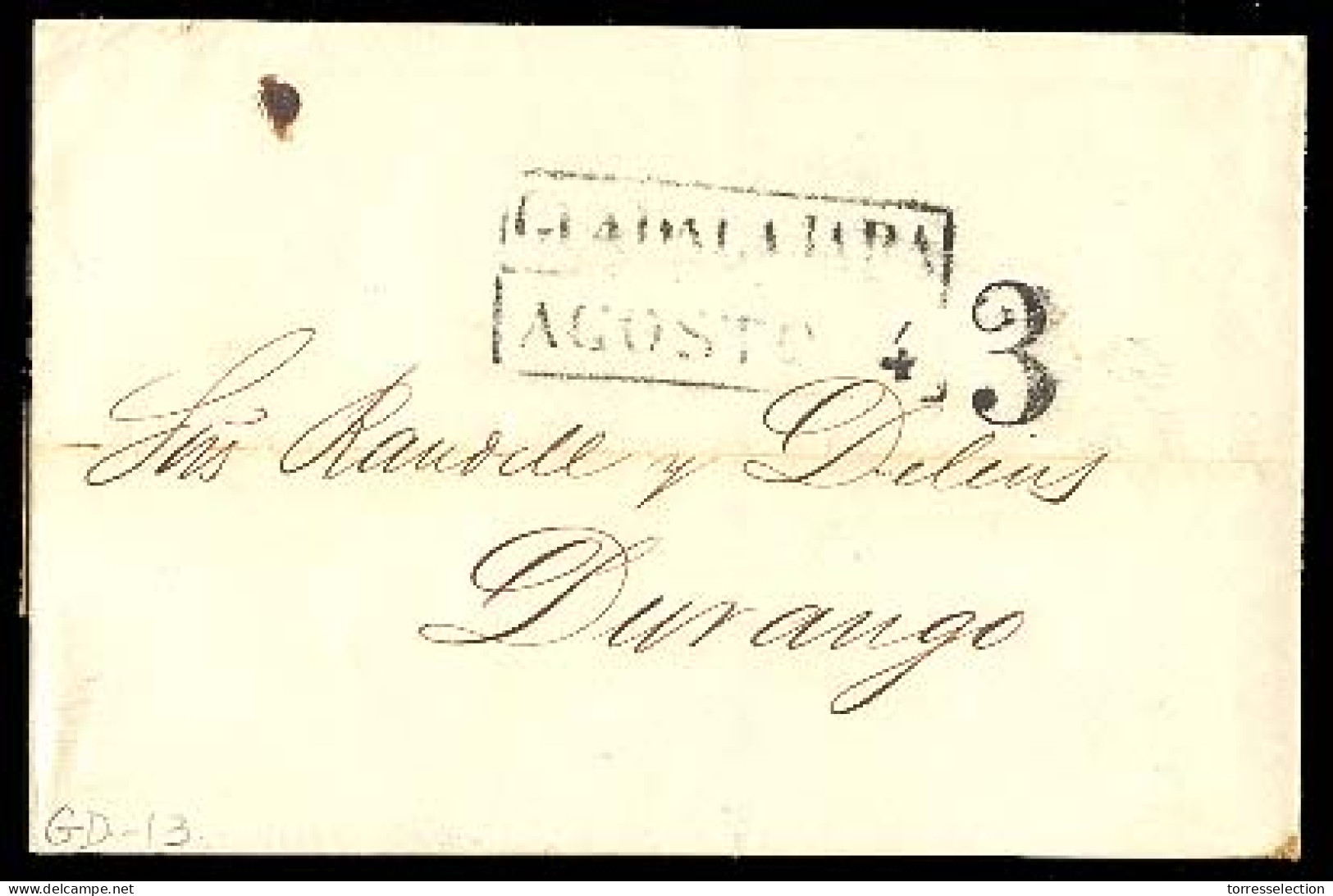 MEXICO - Stampless. 1843 (4 Aug.). Guadalajara To Durango. E. With Boxed Name + Date + 3. F-VF. GD13 / Sch. 292. - México