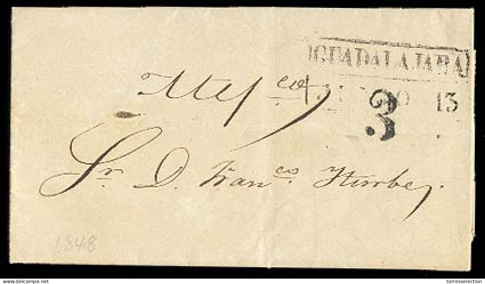 MEXICO - Stampless. 1848 (June 12). Guadalajara To Mexico. EL. Box Name + Date + "3" (GD 13 / Sch. 292). VF. - México