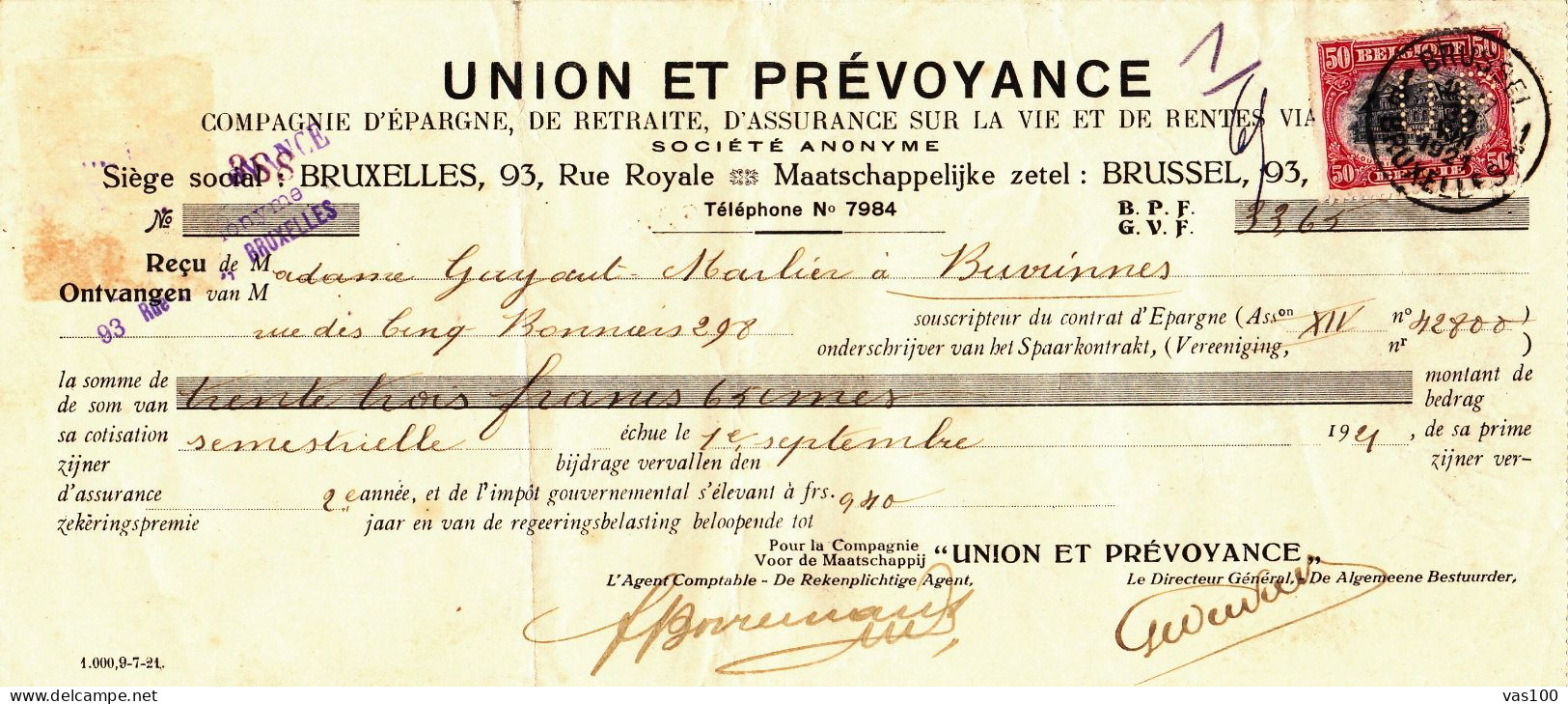 UNION ET PREVOYANCE SOCIETE ANONYME , STAMPS PERFINS,PERFORE 1921 BELGIUM - 1909-34