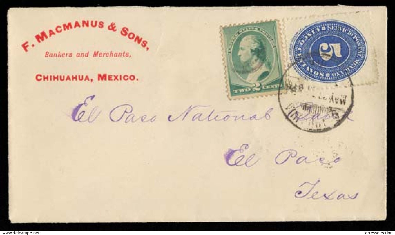 MEXICO. 1890. Chihuahua - USA / Texas. Illustrated Env Fkd Large Numeral 5c + US 2 Cts. Unnecessary Combination Usage. V - México