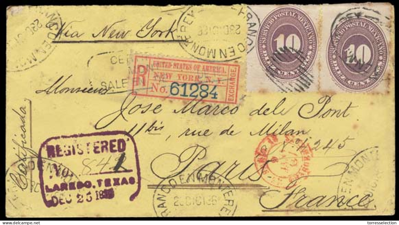 MEXICO. 1886 (28 Dec). Monterrey - FRANCE. Registr Fkd Env Incl 10c Large Numeral (x2) Oval Ds. Via Laredo, NY, Paris (9 - México