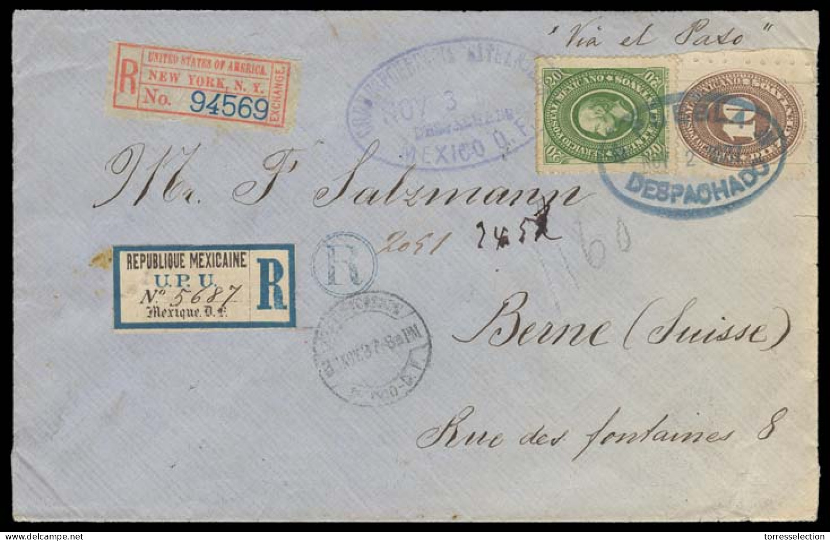 MEXICO. 1887 (2 Nov). DF - Switzerland. Registered Fkd Env 20c Medalion + 10c Large Numeral Perf 5, Vert Lilac, Tied Blu - México