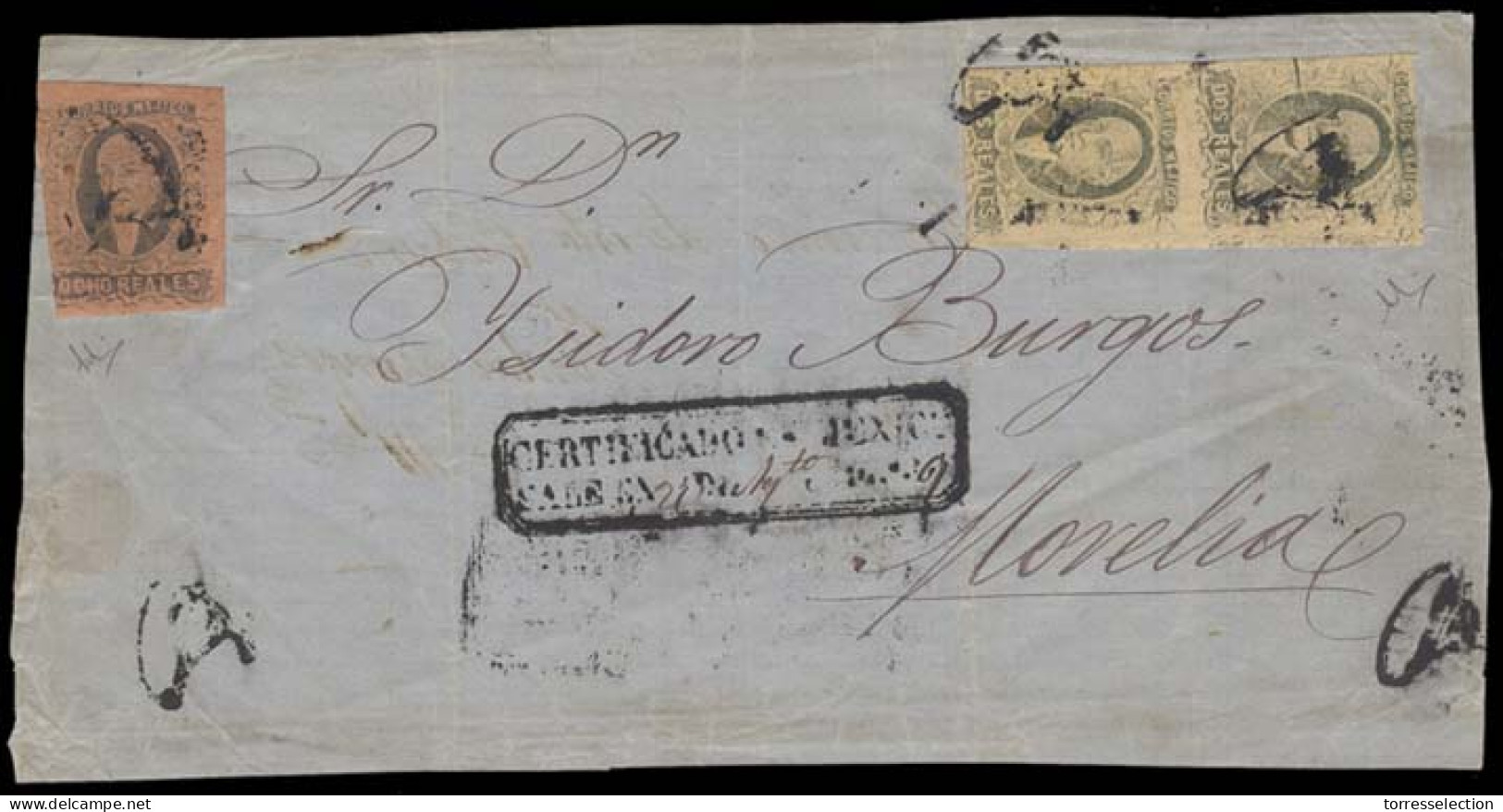 MEXICO. OCHO REALES GOTHIC ON COVER + TWO REALES PLATE BREAK PAIR. 1867 (27 Aug). Sc. 37 (2), 40. Registr Letter Front S - México