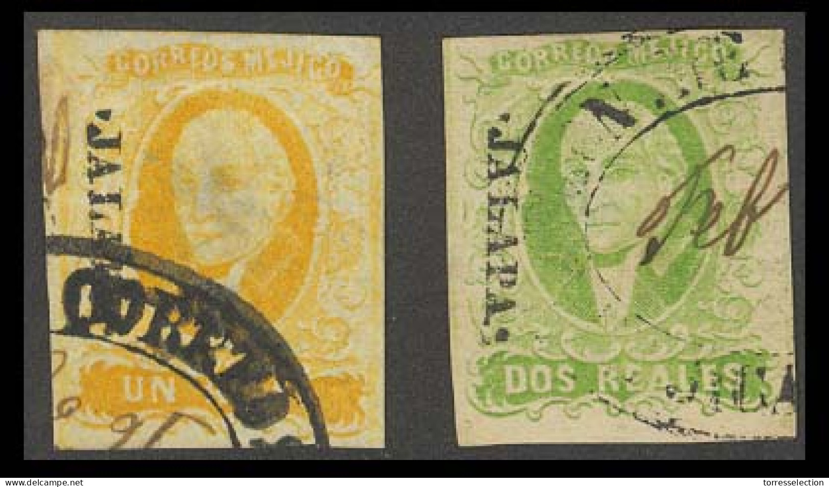 MEXICO. Sc. 2º ,3º. 1856 1rl + 2rs. JALAPA Name, Jicalepec Oval Cancel (Sch 618, 25 Points) Both VF + Scarce. - México