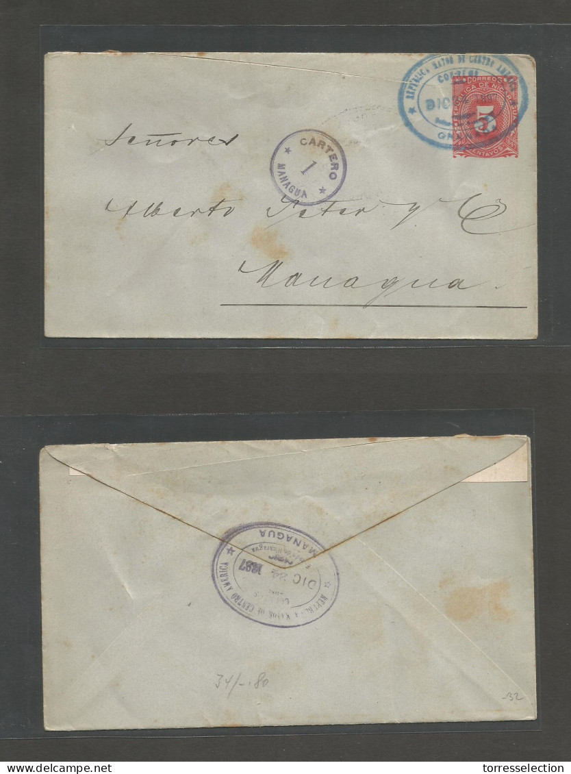 NICARAGUA. 1897 (Dic 24) Granada - Managua (24 Dic) 5c Red / Bluish Paper Stat Envelope + "Cartero 1" In Violet Cachet.  - Nicaragua